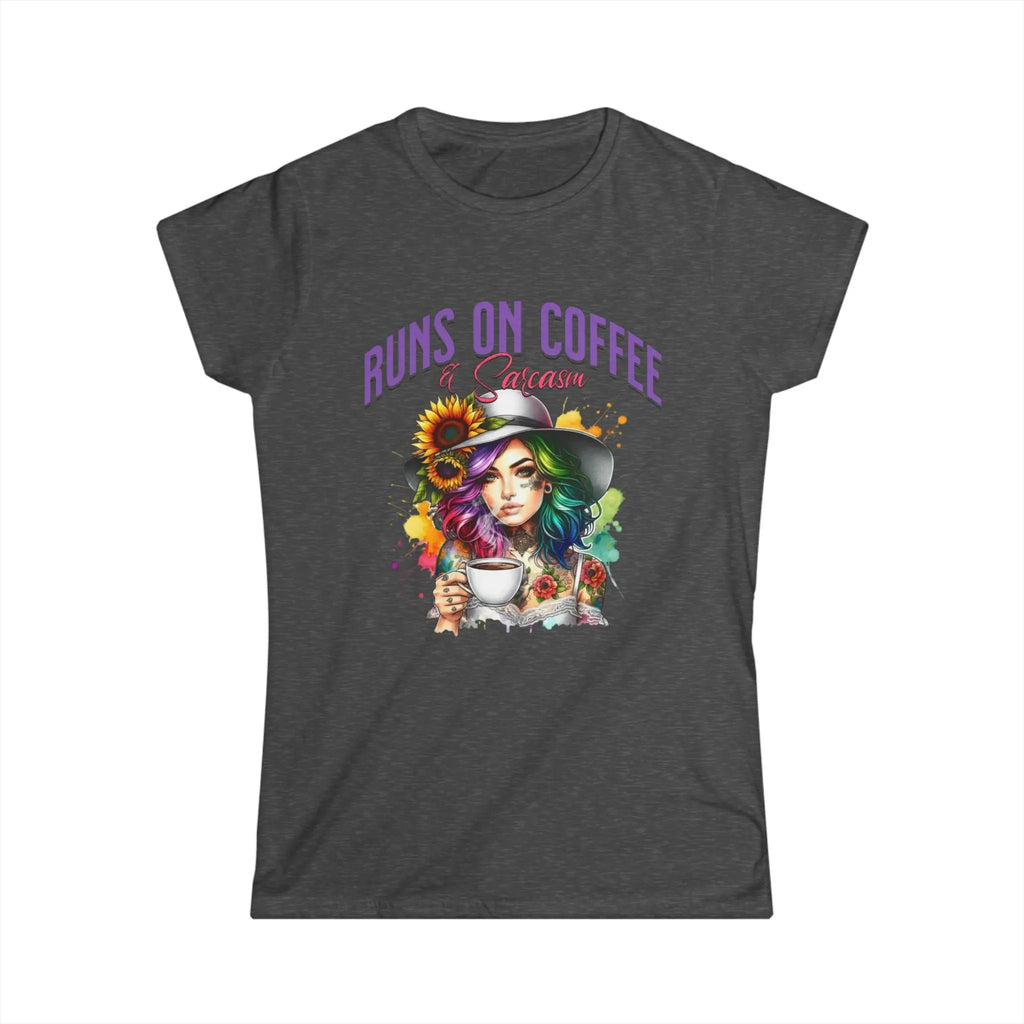 Runs on Coffee and Sarcasm T-shirt- Handmade Gift for Women, Casualwear, Coffee Addict Shirt, Fun Graphic Tee, Unique Gift Idea Printify