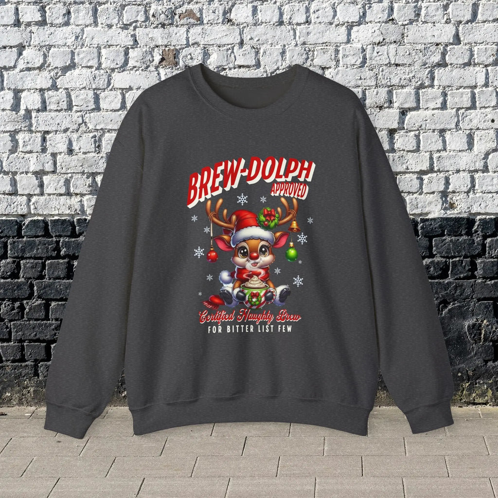 Brew-Dolph Christmas Sweatshirt — Cute Reindeer Holiday Crewneck (Gingerbread & Cocoa) Printify