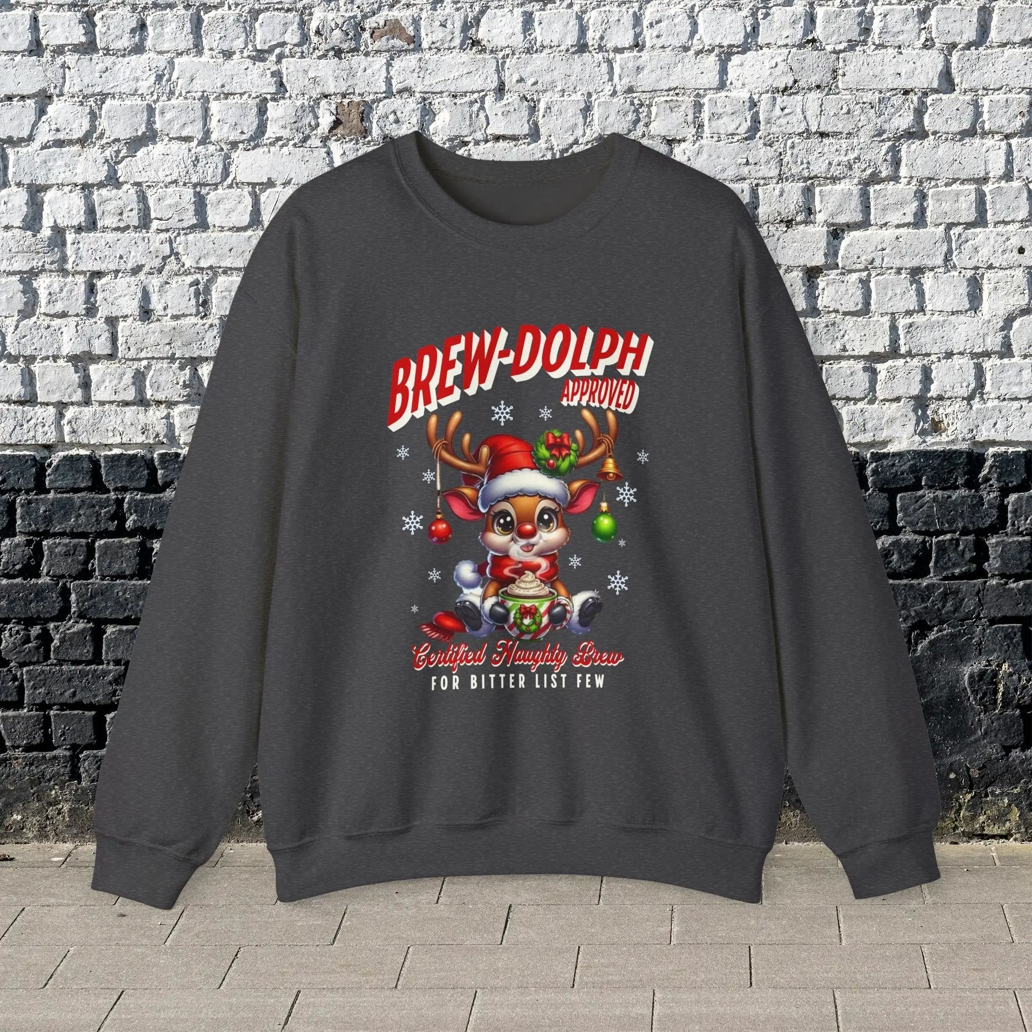 Brew-Dolph Christmas Sweatshirt — Cute Reindeer Holiday Crewneck (Gingerbread & Cocoa) Printify