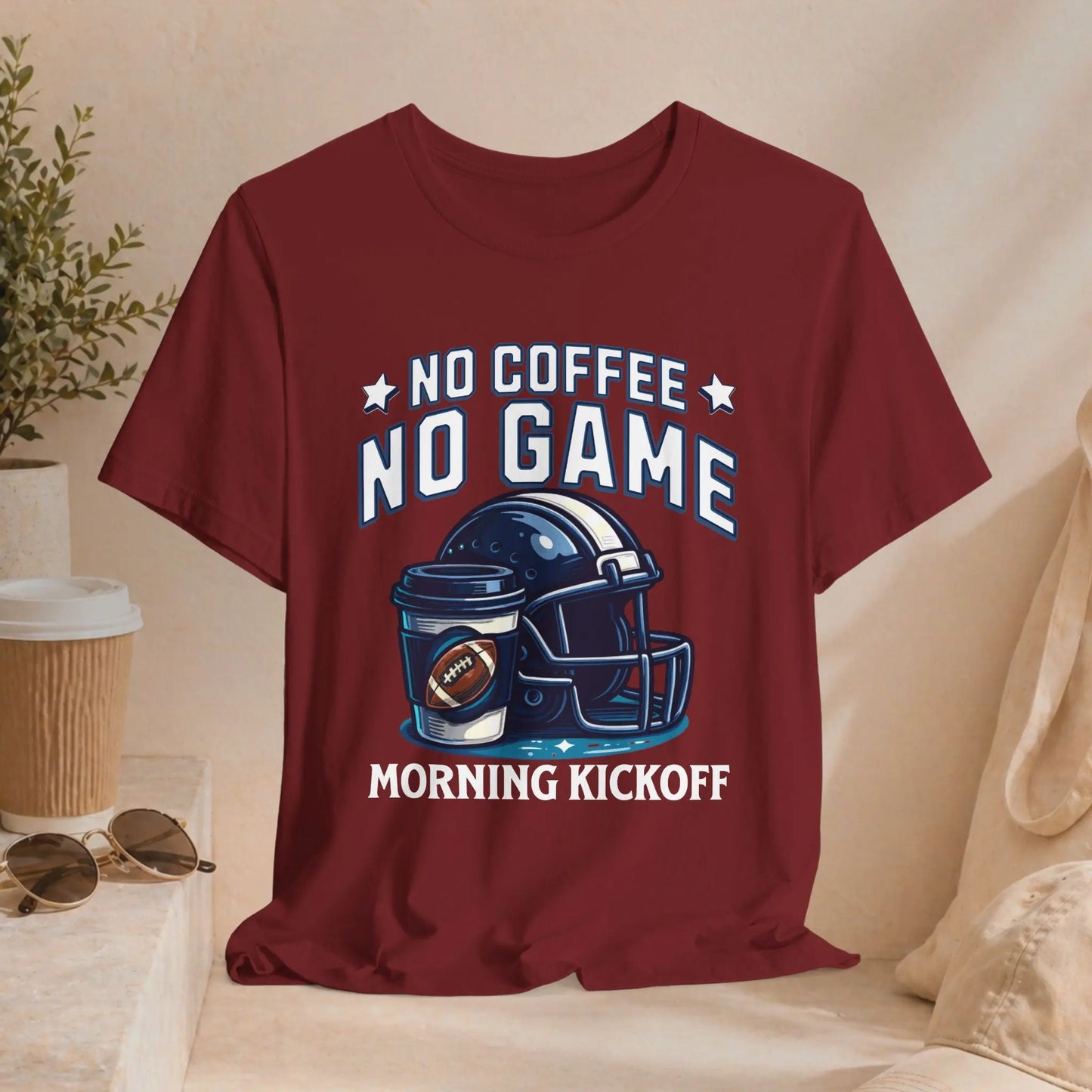 No Coffee No Game Football Tee — "Morning Kickoff" Helmet Graphic Shirt Printify