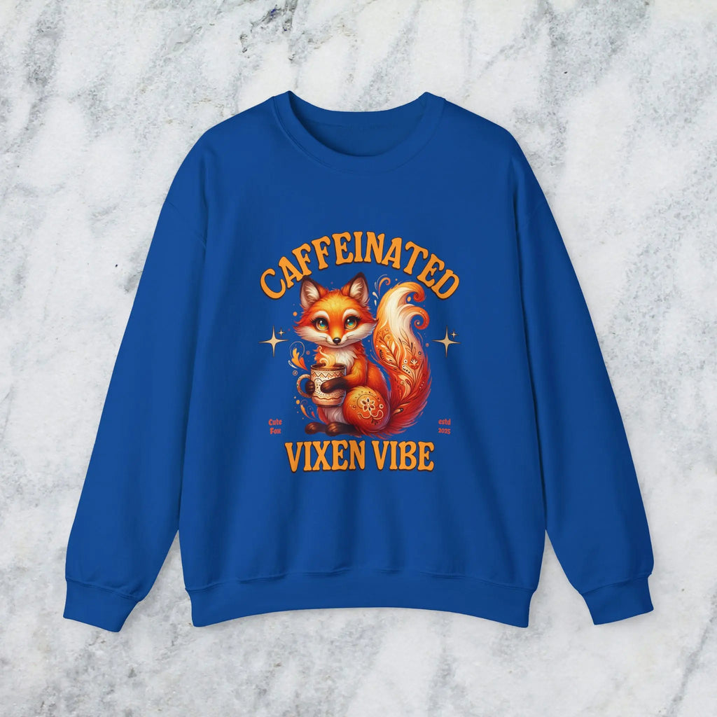 Caffeinated Vixen Vibe Sweatshirt, Cozy Unisex Crewneck for Coffee Lovers, Gift for Birthdays, Fall Fashion, Cute Animal Sweater Printify