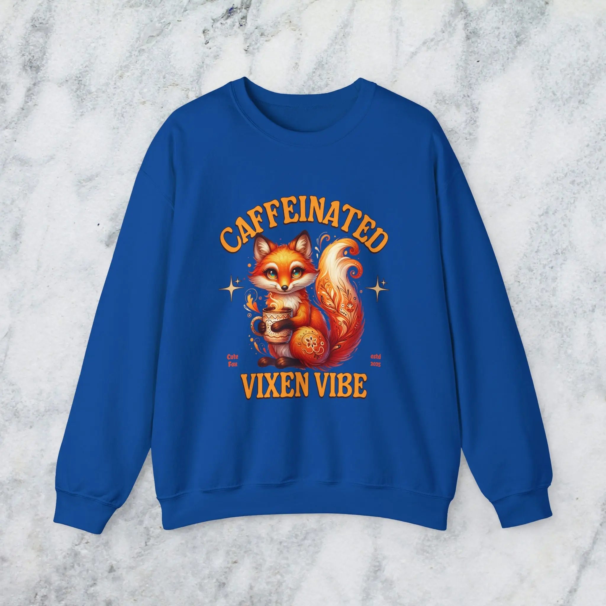 Caffeinated Vixen Vibe Sweatshirt, Cozy Unisex Crewneck for Coffee Lovers, Gift for Birthdays, Fall Fashion, Cute Animal Sweater Printify
