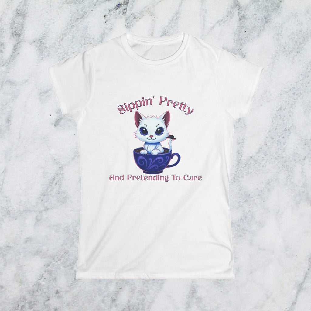 Sippin’ Pretty T-Shirt – and Pretending to Care, Funny Cat Coffee Lover Tee for Women, Sassy Caffeine Queen Gift, Sarcastic Morning Shirt Printify