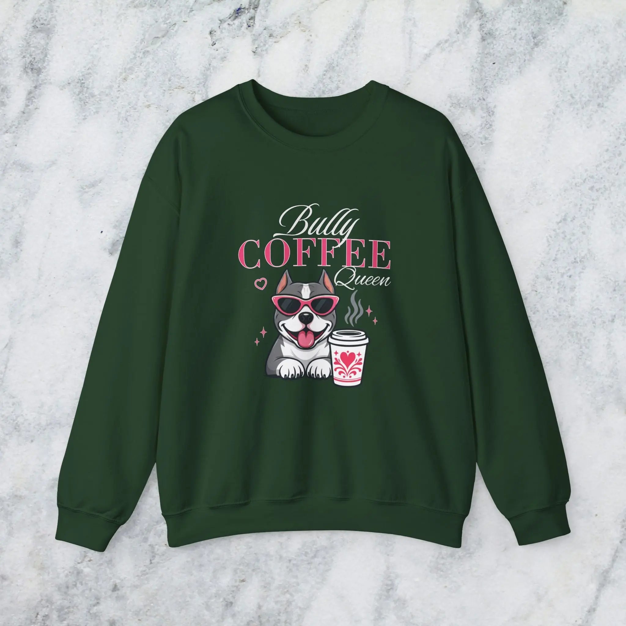 Bully Coffee Queen Sweatshirt — Pitbull with Coffee & Pink Shades Printify