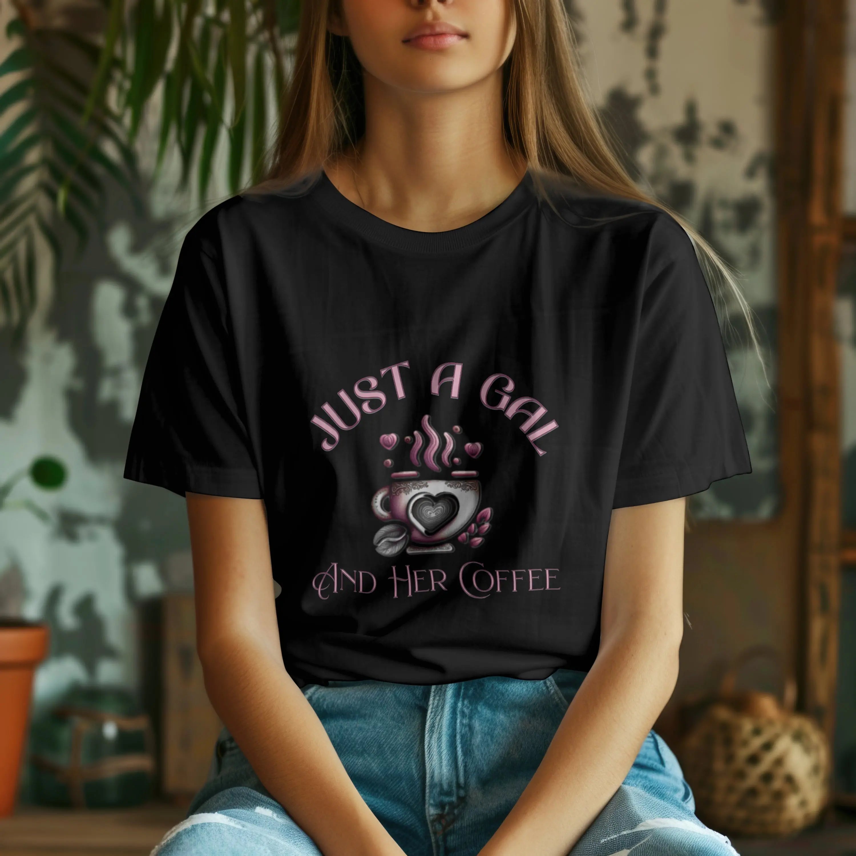 Just a Gal and Her Coffee T-Shirt – Cute Coffee Cup Graphic Tee Printify