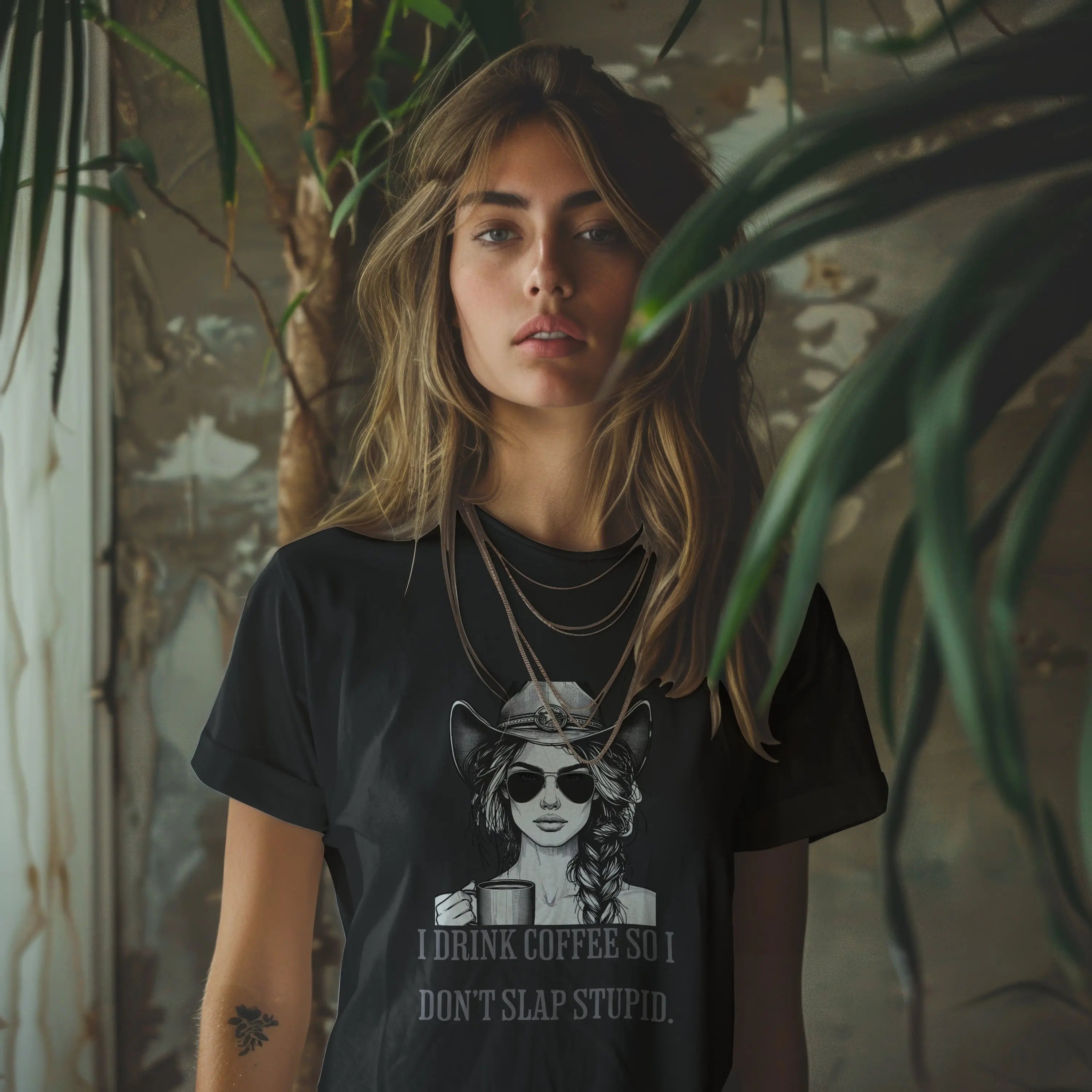 Cowgirl Coffee T-Shirt – I Drink Coffee So I Don’t Slap Stupid Funny Western Tee Printify