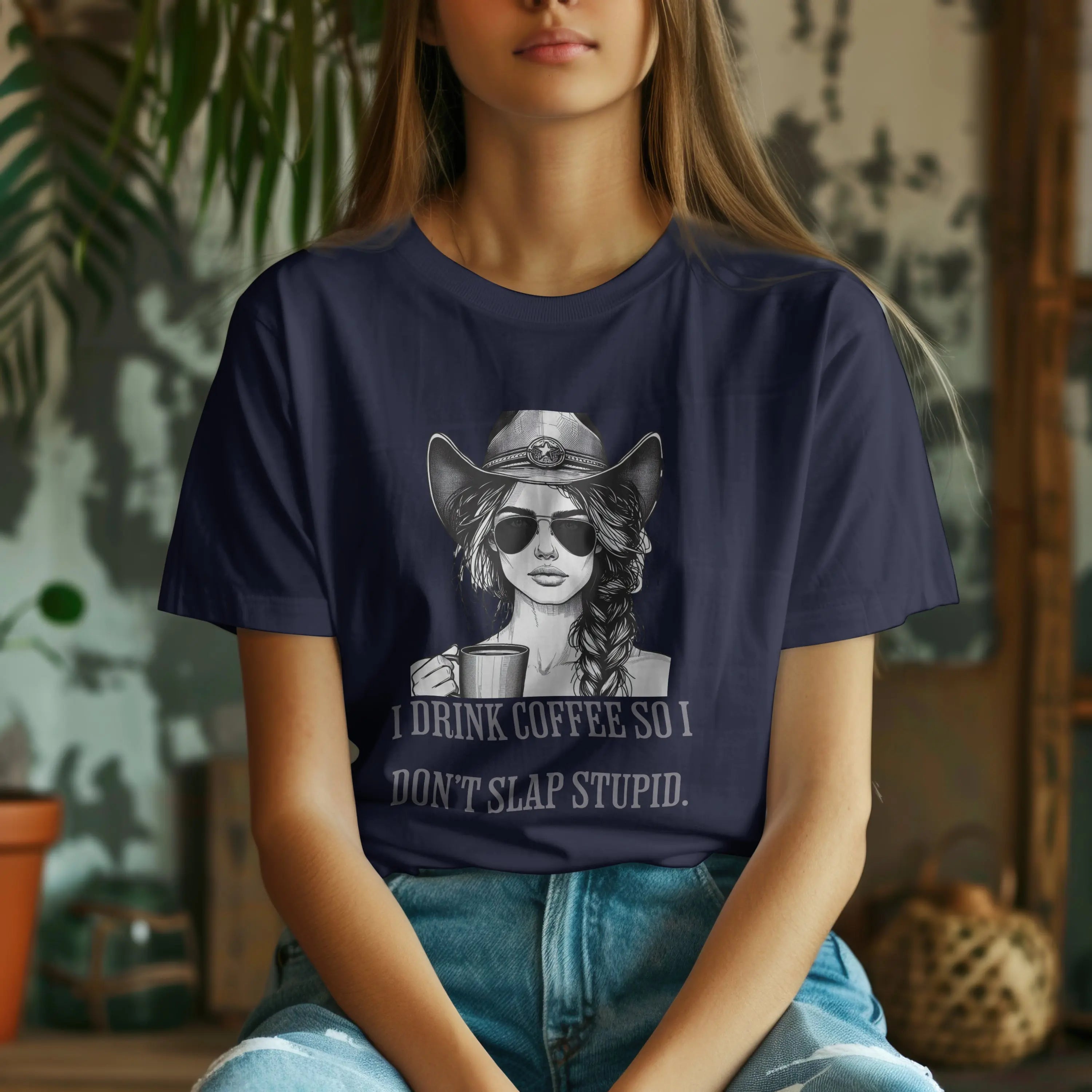 Cowgirl Coffee T-Shirt – I Drink Coffee So I Don’t Slap Stupid Funny Western Tee Printify