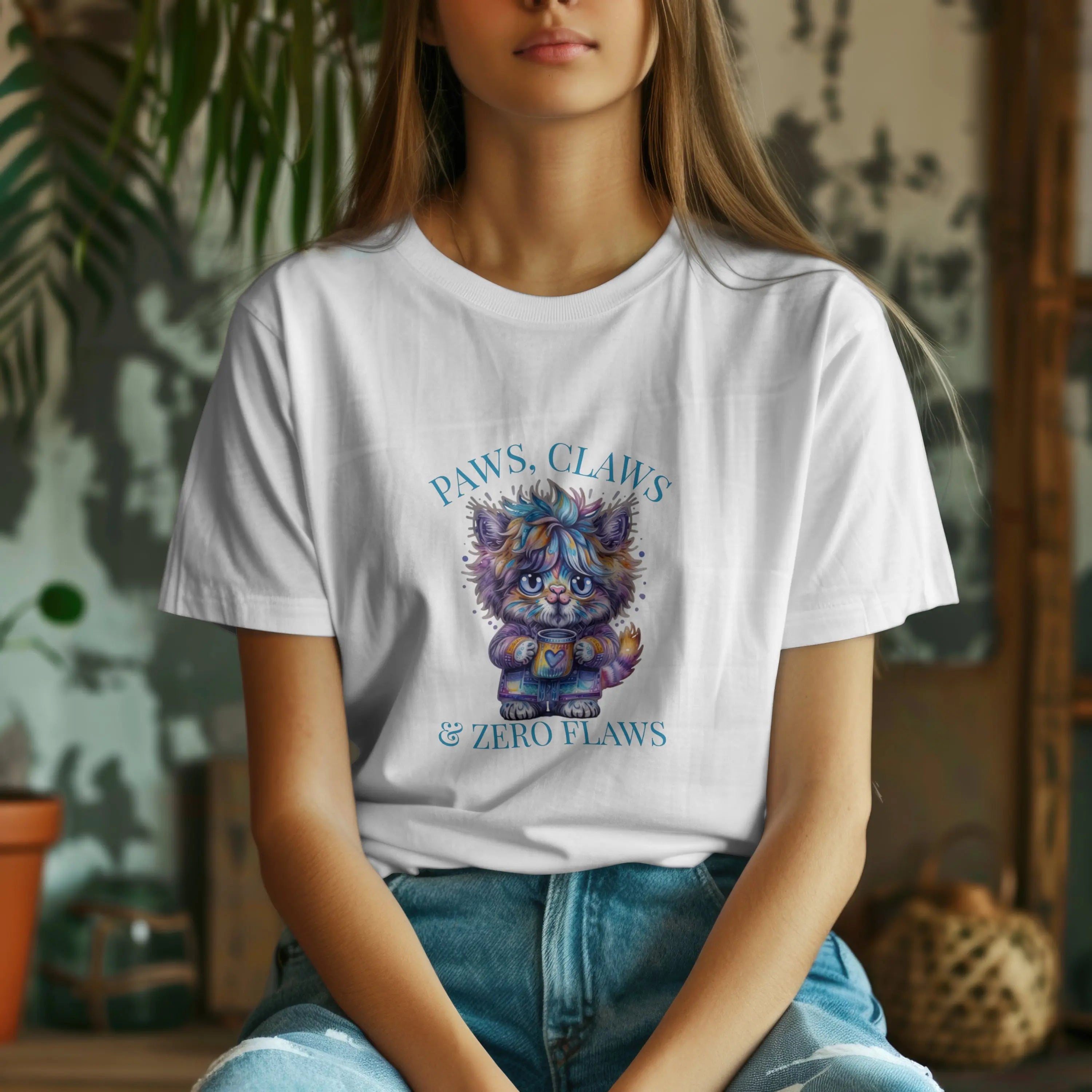Fluffy Cat Coffee T-Shirt – Paws, Claws, and Zero Flaws Colorful Cat Tee Printify
