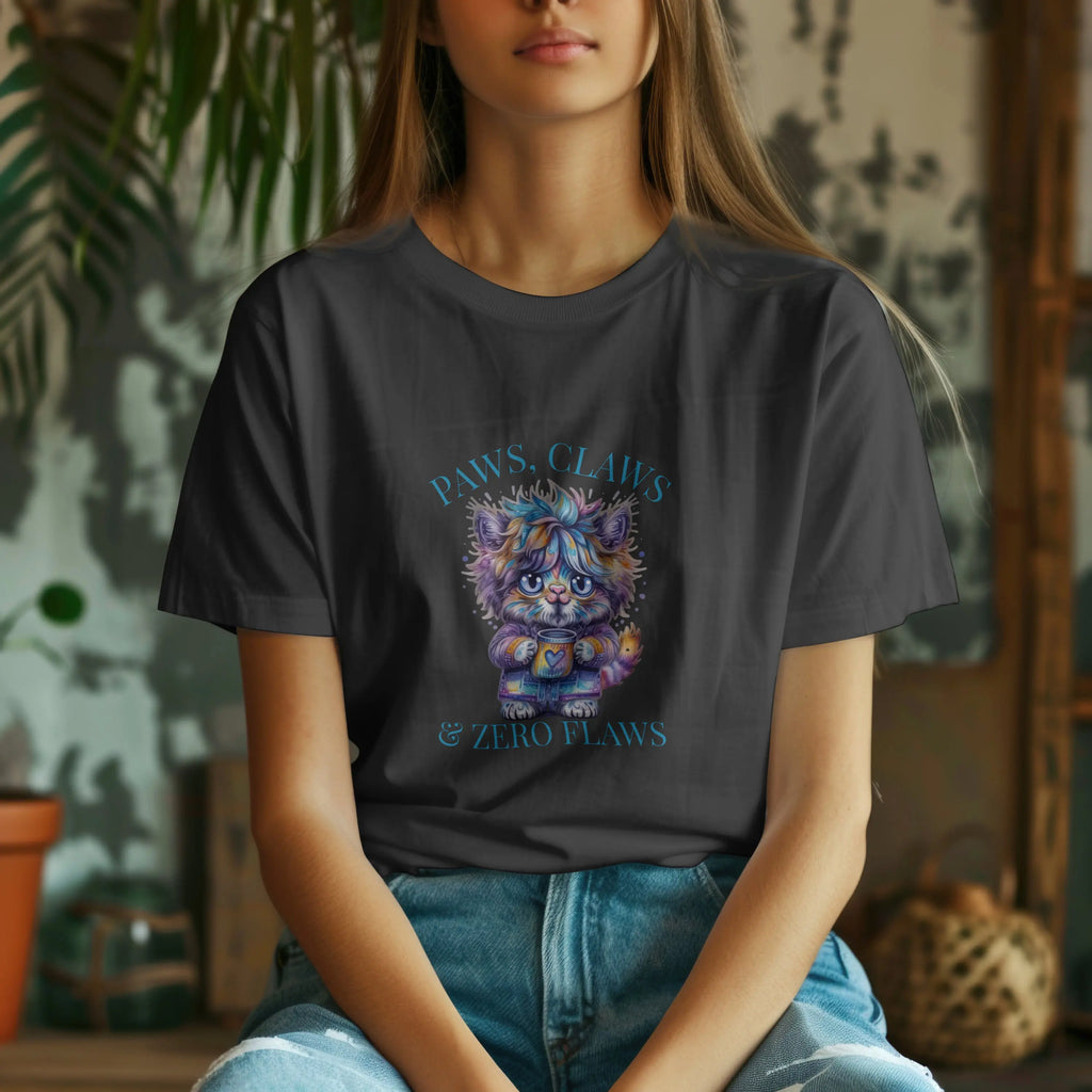 Fluffy Cat Coffee T-Shirt – Paws, Claws, and Zero Flaws Colorful Cat Tee Printify
