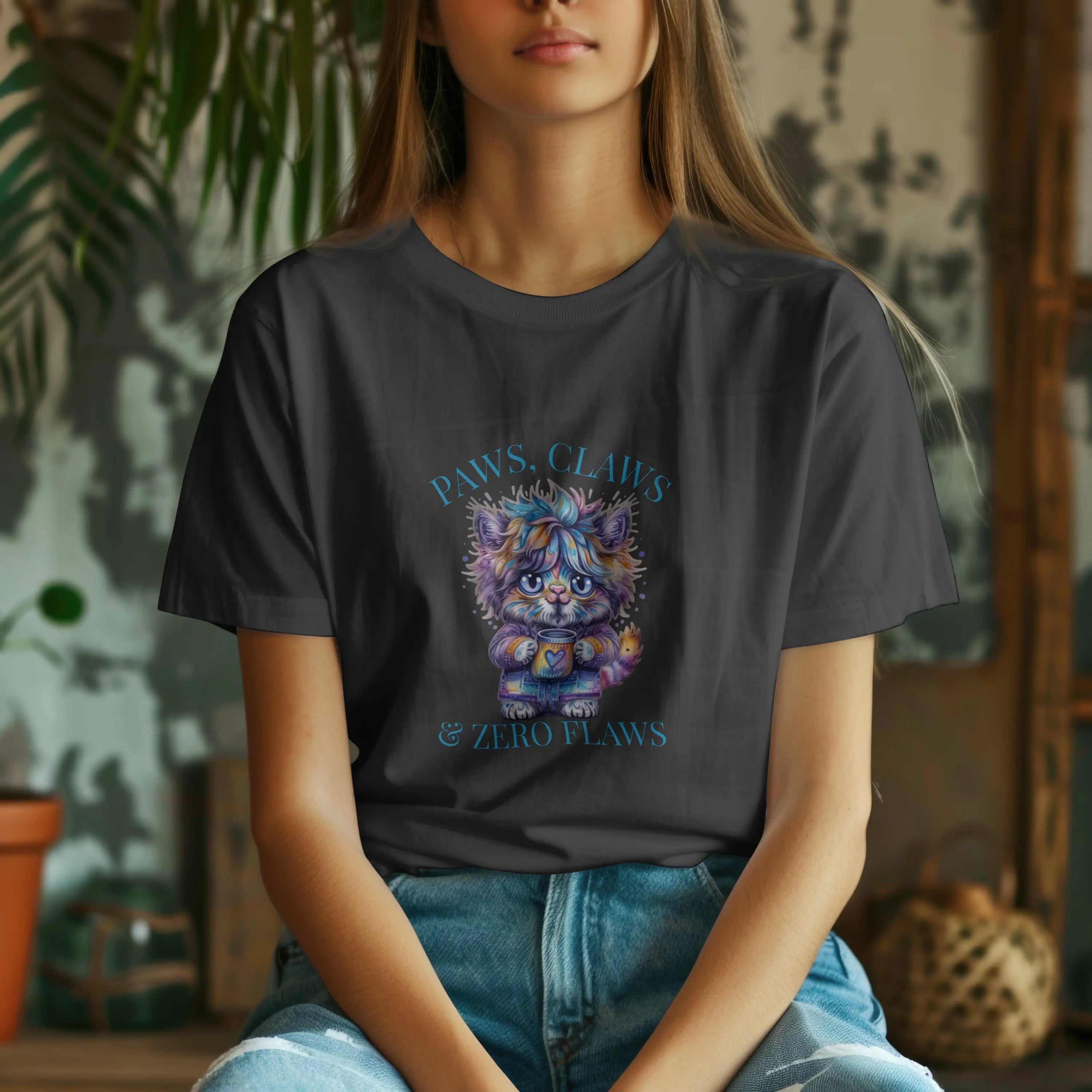 Fluffy Cat Coffee T-Shirt – Paws, Claws, and Zero Flaws Colorful Cat Tee Printify