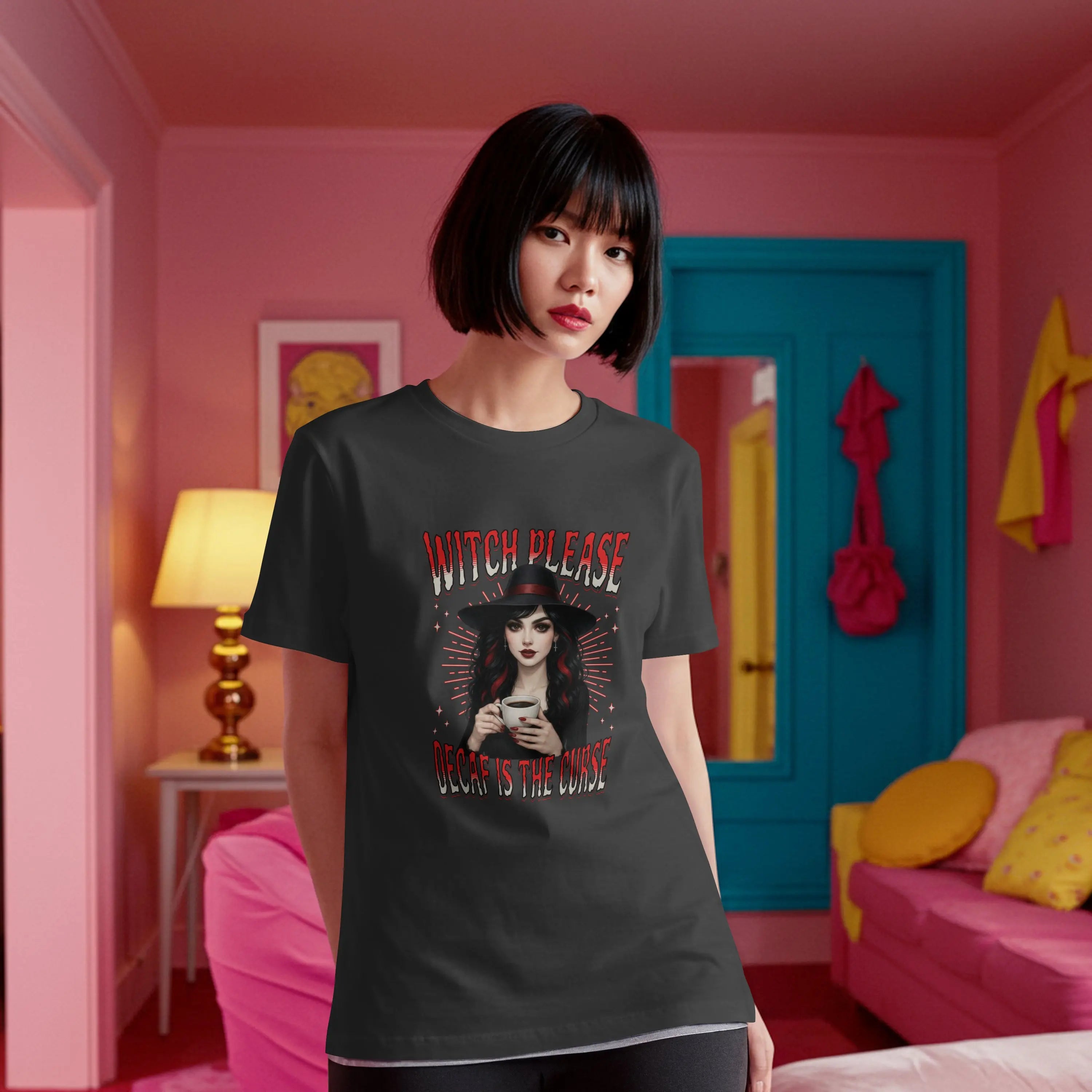 Witch Please T-Shirt – Decaf Is the Real Curse Funny Halloween Tee Printify