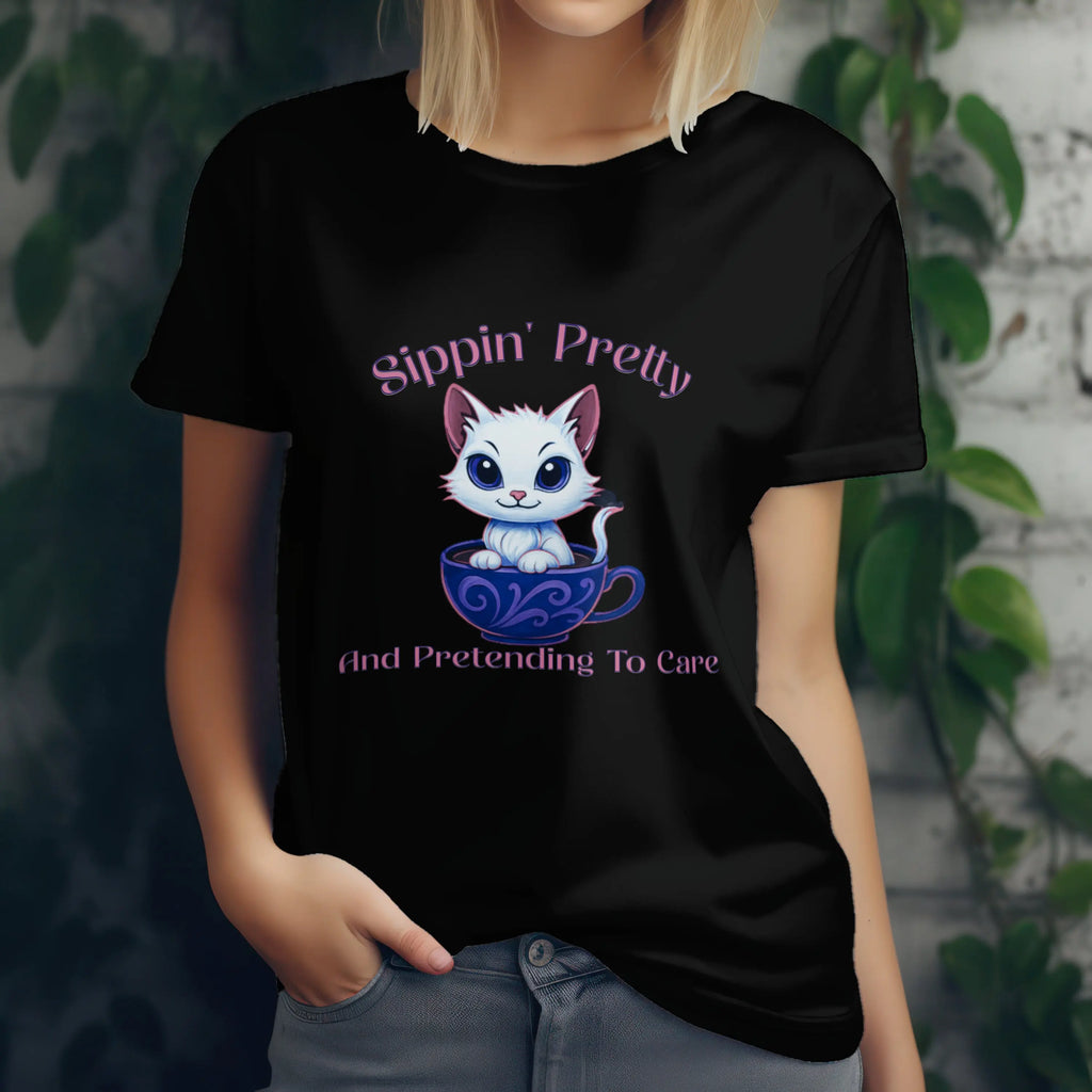Sippin Pretty T-Shirt - Cute Kitten in Coffee Cup Saying Printify