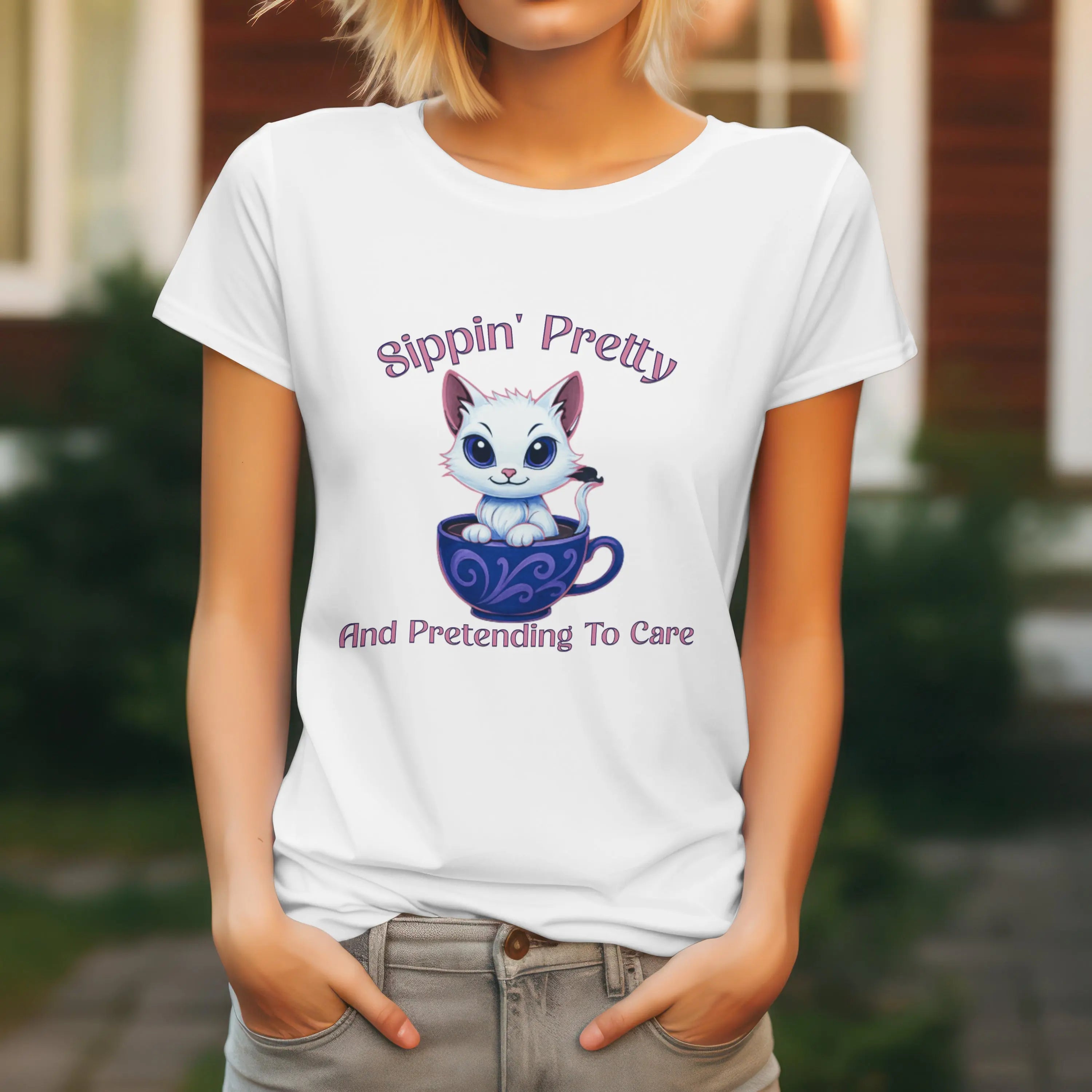 Sippin Pretty T-Shirt - Cute Kitten in Coffee Cup Saying Printify