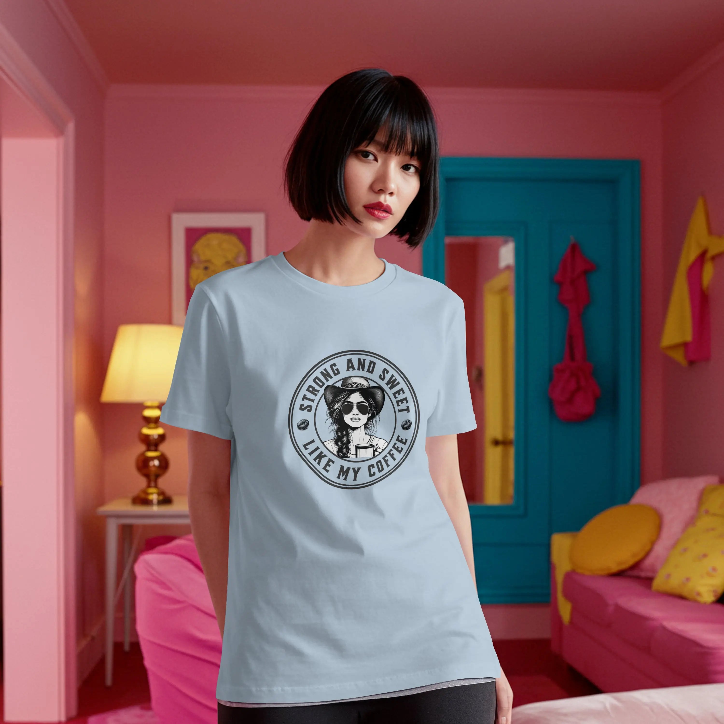 Strong And Sweet Tshirt - Cowgirl Drinking Coffee Like My Coffee Design Printify