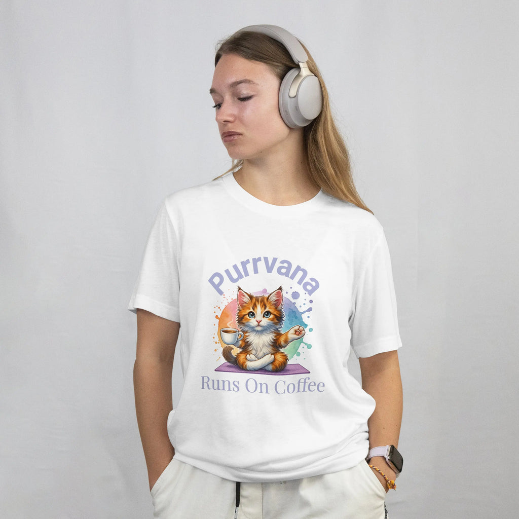 Purrvana T-Shirt – Funny Cat Lover Gift for Coffee Addicts Printify