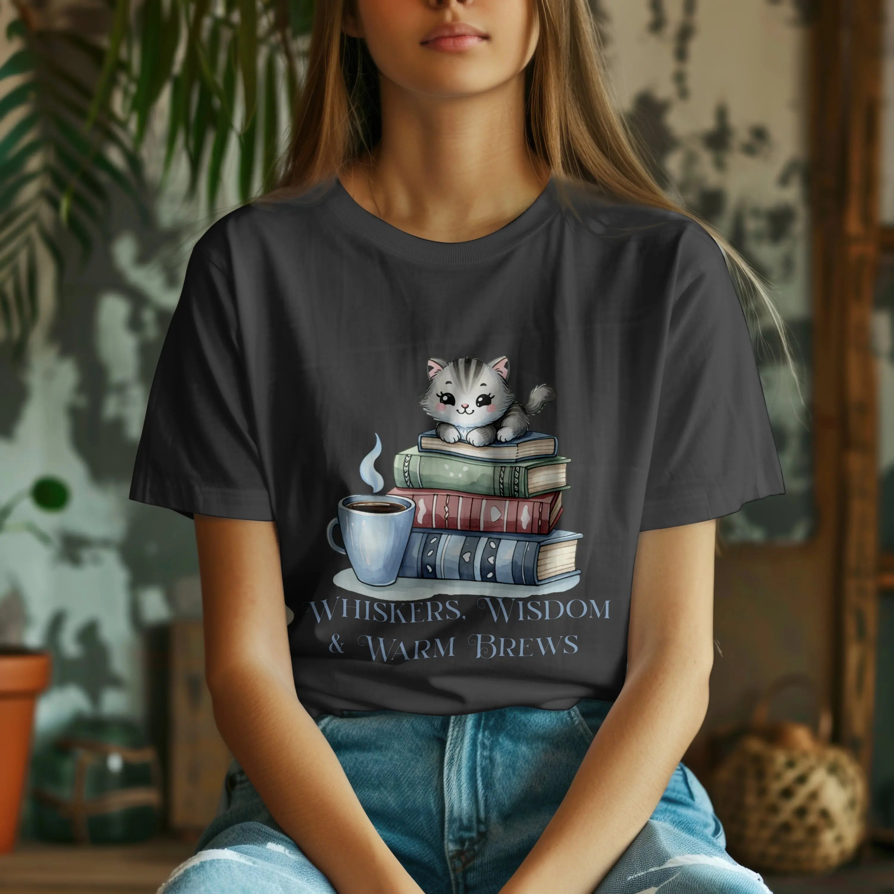 Whiskers, Wisdom and Warm Brews Tshirt Printify