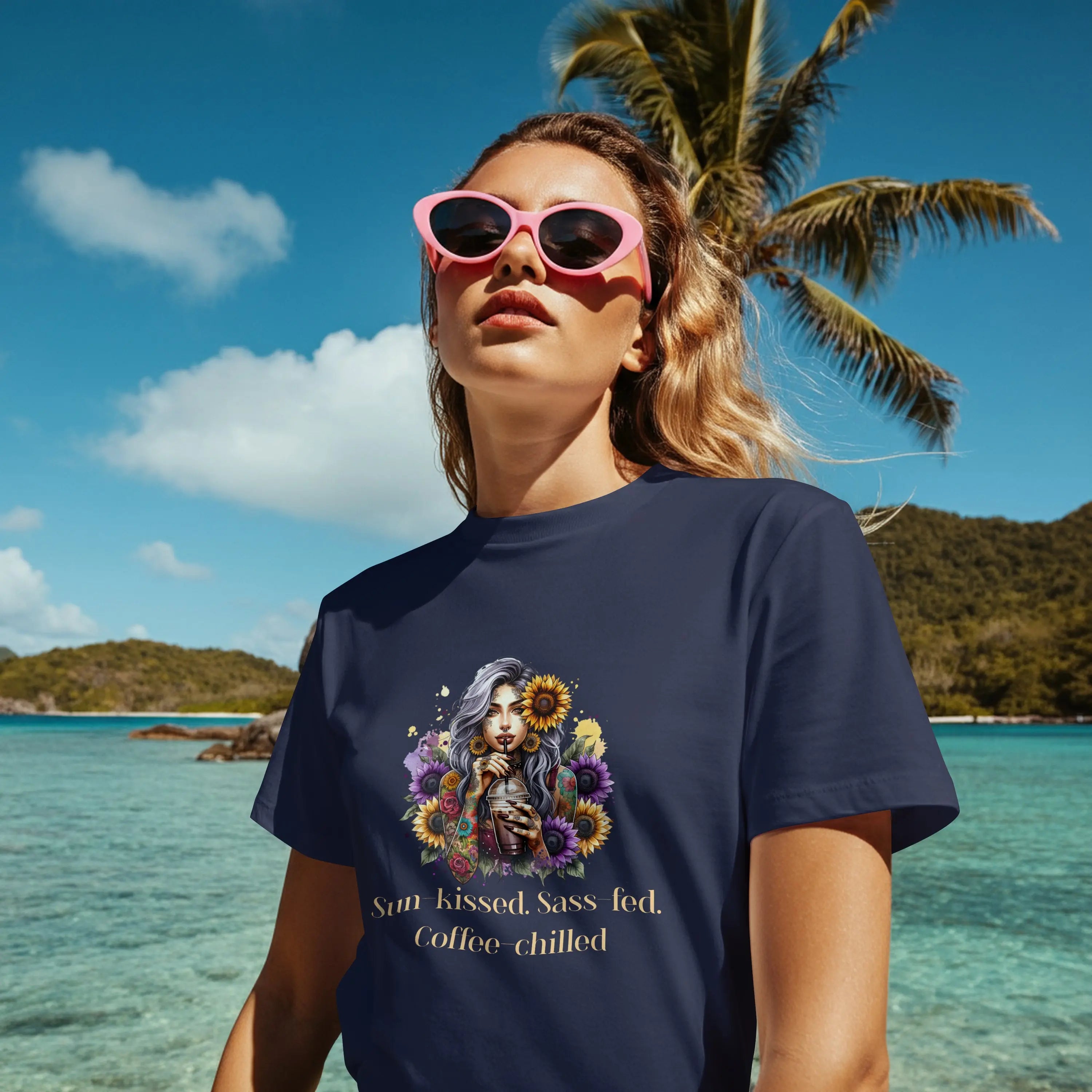 Sun-Kissed Tshirt -  Sass-Fed, Coffee Chilled - Sunflower Tattoo Woman Coffee Tee Printify