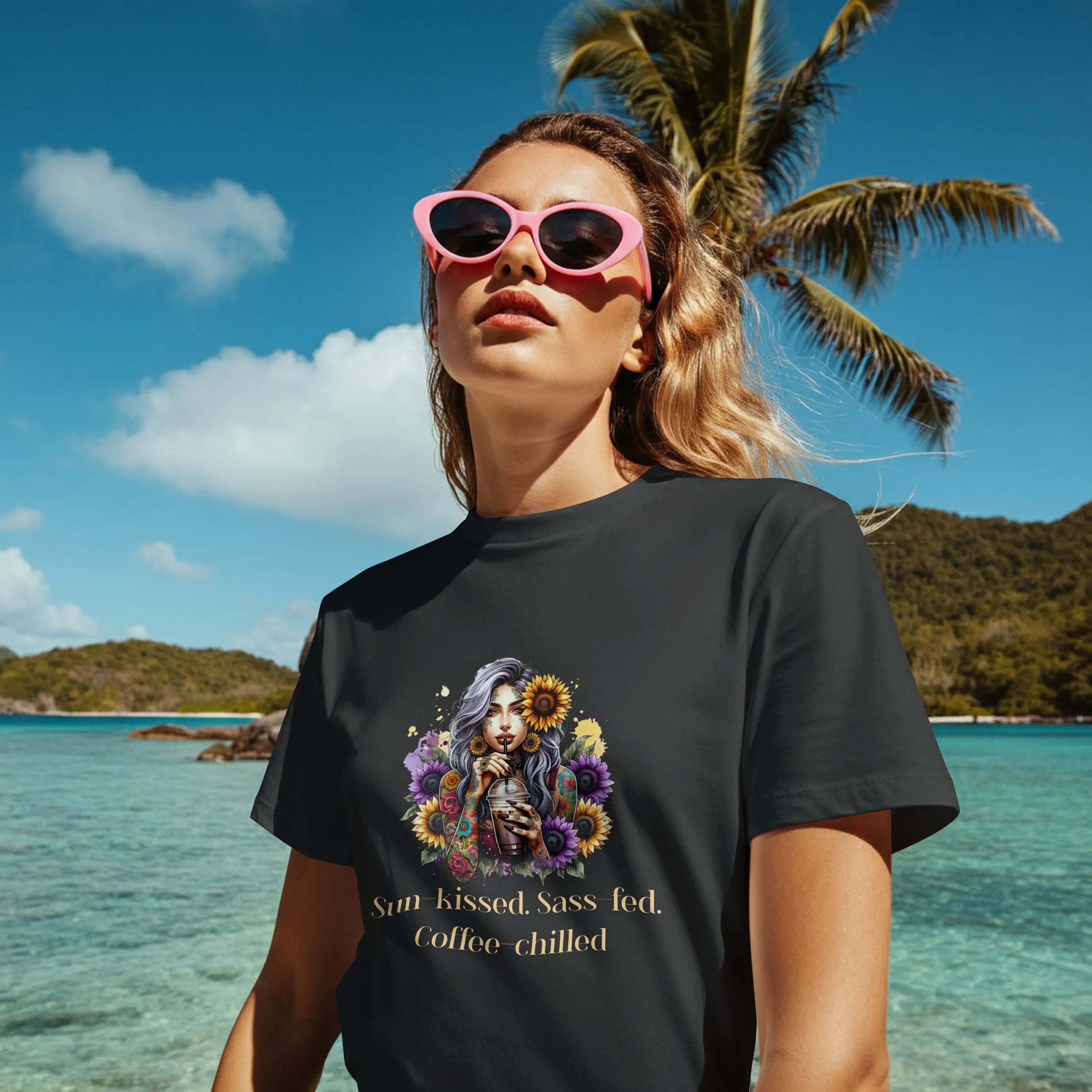 Sun-Kissed Tshirt -  Sass-Fed, Coffee Chilled - Sunflower Tattoo Woman Coffee Tee Printify