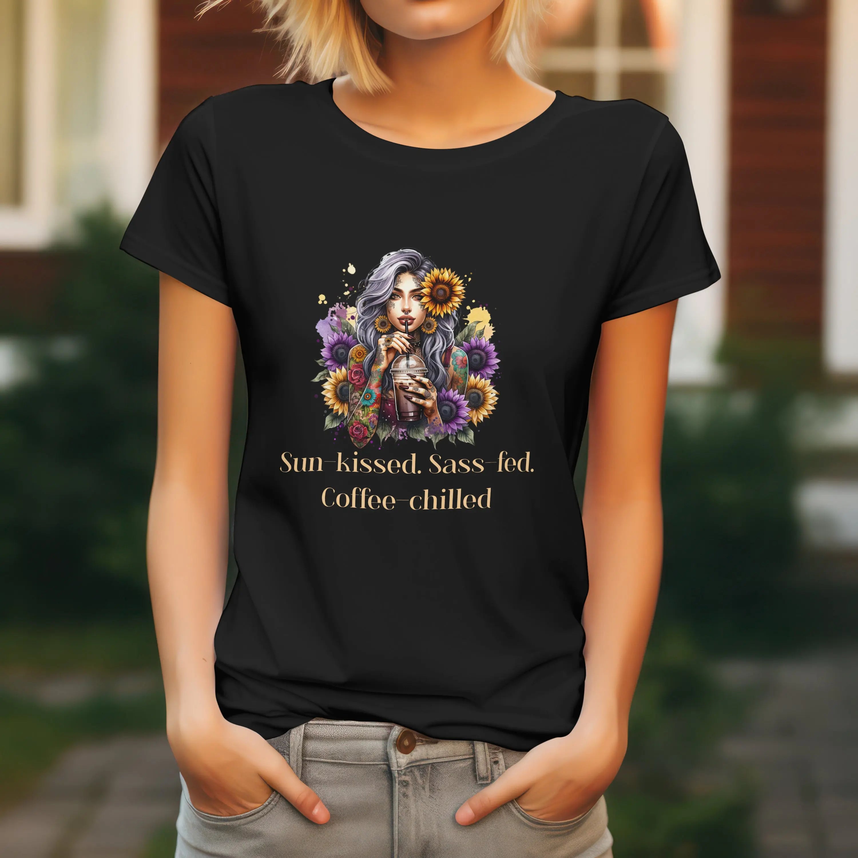 Sun-Kissed Tshirt -  Sass-Fed, Coffee Chilled - Sunflower Tattoo Woman Coffee Tee Printify