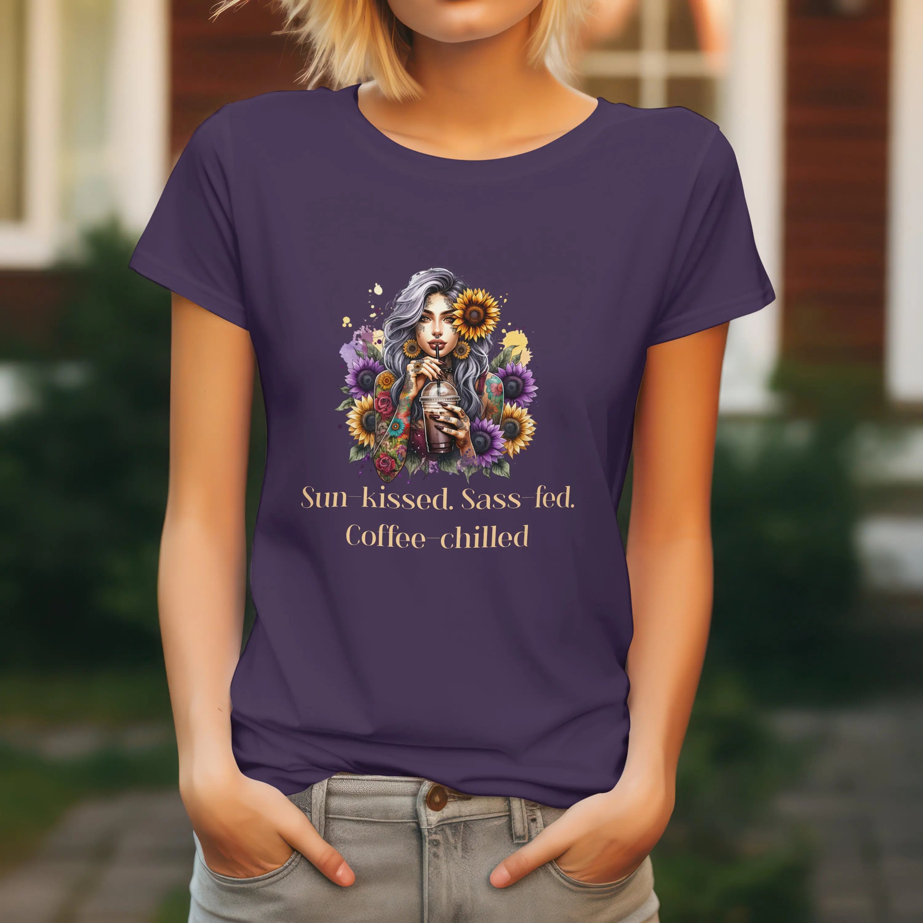 Sun-Kissed Tshirt -  Sass-Fed, Coffee Chilled - Sunflower Tattoo Woman Coffee Tee Printify