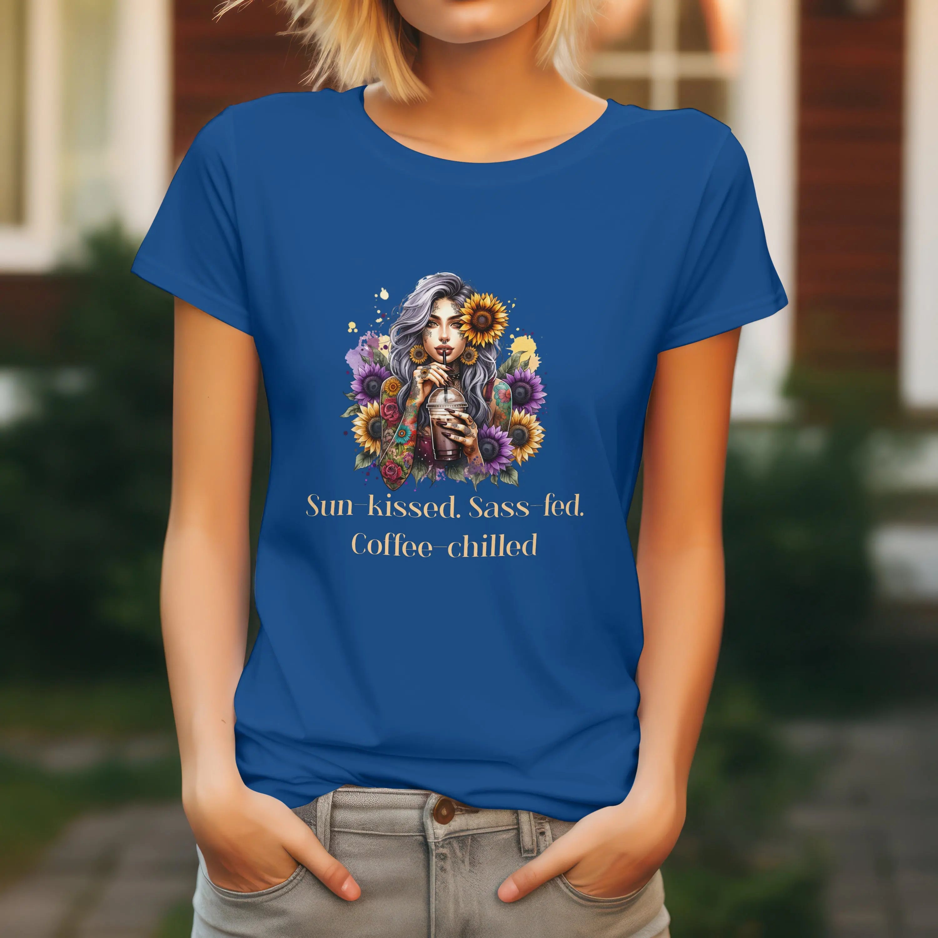 Sun-Kissed Tshirt -  Sass-Fed, Coffee Chilled - Sunflower Tattoo Woman Coffee Tee Printify
