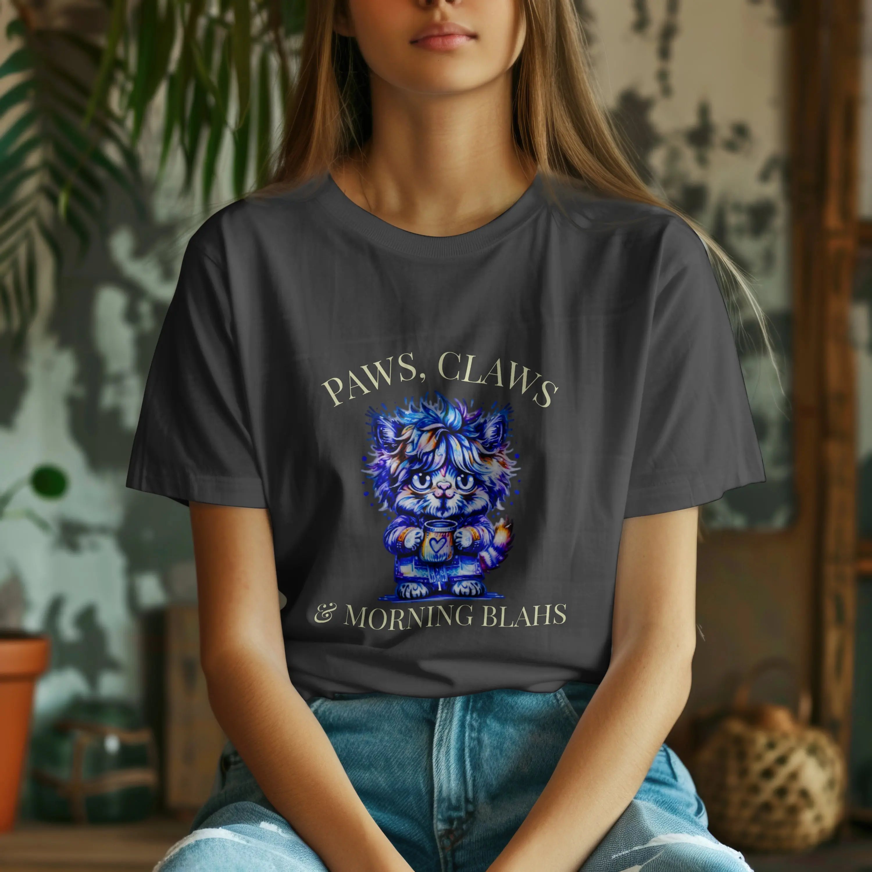 Morning Blahs Tshirt - Cute Colorful Cat and Coffee Tee Printify