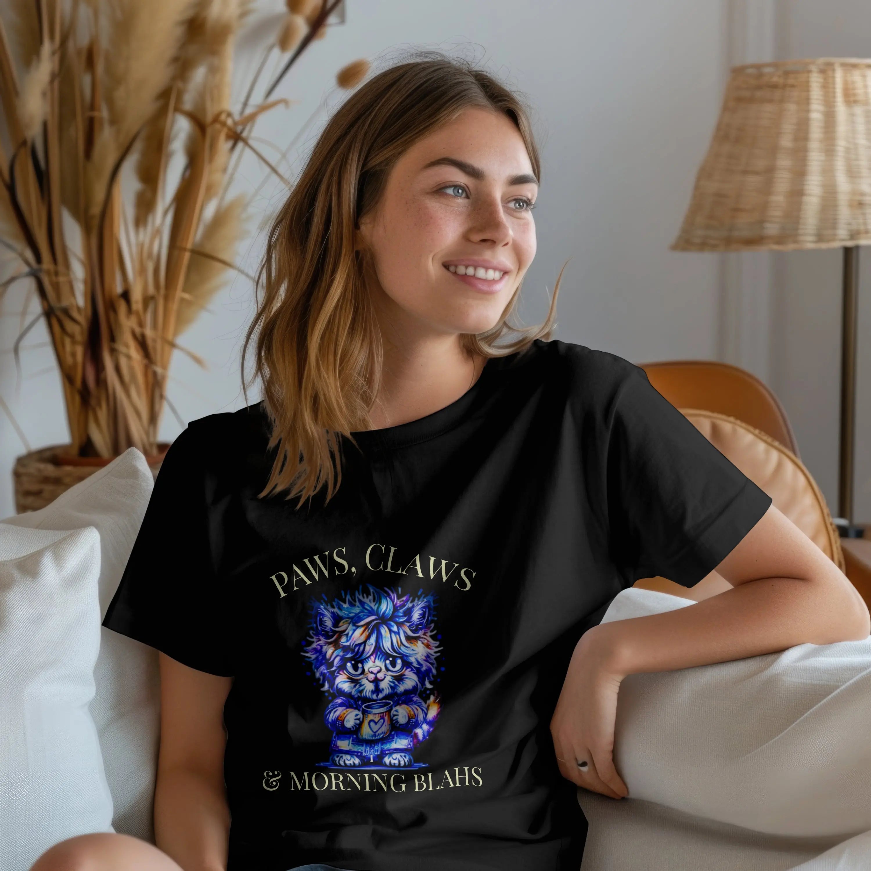 Morning Blahs Tshirt - Cute Colorful Cat and Coffee Tee Printify