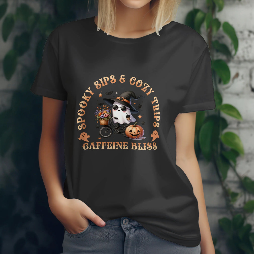 Spooky Sips T-Shirt - Spooky Sips and Cozy Trips Caffeine Bliss Design Printify