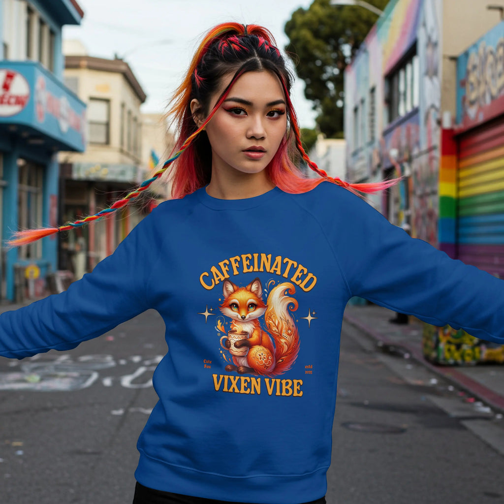 Caffeinated Vixen Vibe Sweatshirt, Cozy Unisex Crewneck for Coffee Lovers, Gift for Birthdays, Fall Fashion, Cute Animal Sweater Printify