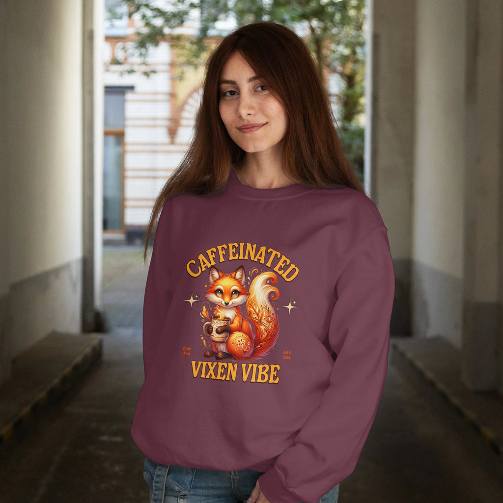 Caffeinated Vixen Vibe Sweatshirt, Cozy Unisex Crewneck for Coffee Lovers, Gift for Birthdays, Fall Fashion, Cute Animal Sweater Printify