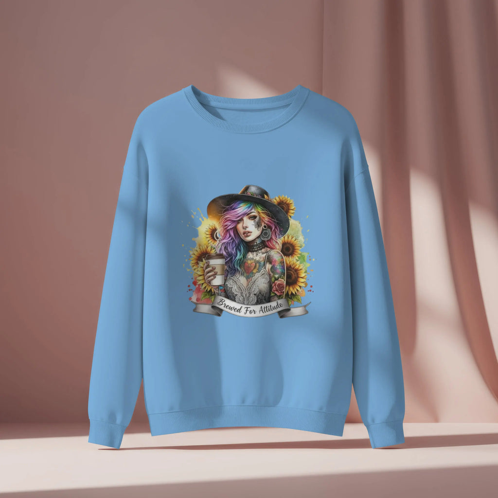 Brewed for Attitude Sunflower Sweatshirt, Cozy Unisex Crewneck, Gifts for Her, Trendy Fall Apparel, Tattoo Art Fashion Printify