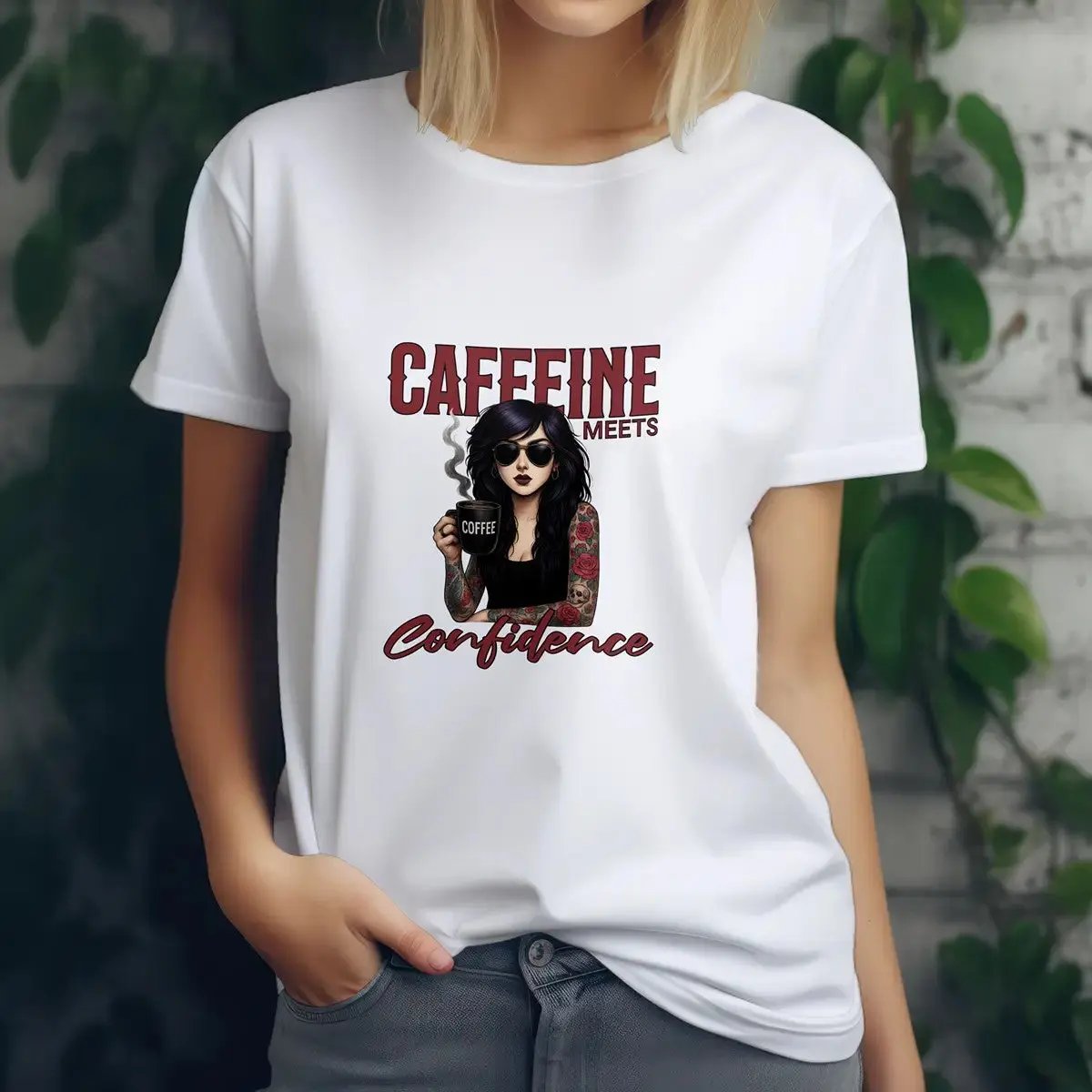 Caffeine Meets Confidence T-Shirt Tattoo Woman Caffeine Confidence Design - Boldly Bitter Company