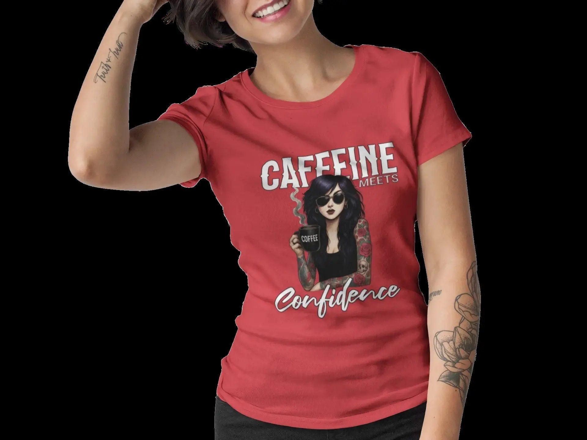 Caffeine Meets Confidence T-Shirt Tattoo Woman Caffeine Confidence Design - Boldly Bitter Company