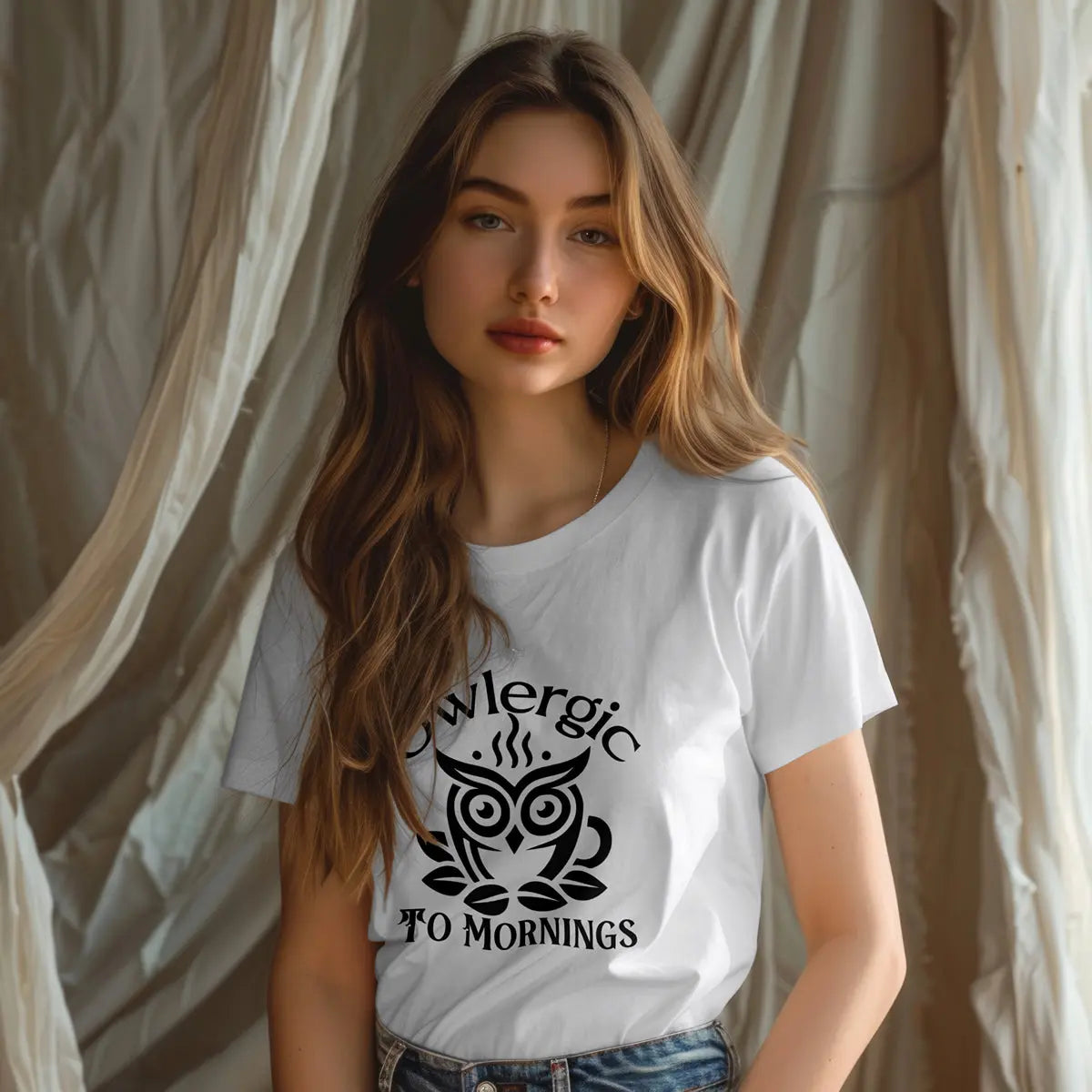 Owlergic to Mornings T-Shirt – Funny Owl Coffee Cup Graphic Tee Printify