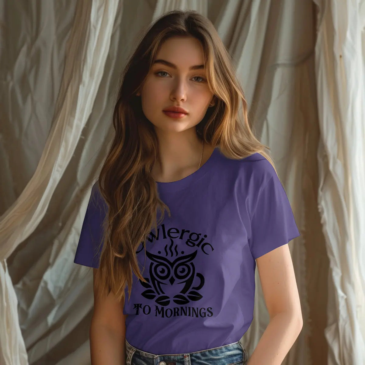 Owlergic to Mornings T-Shirt – Funny Owl Coffee Cup Graphic Tee Printify