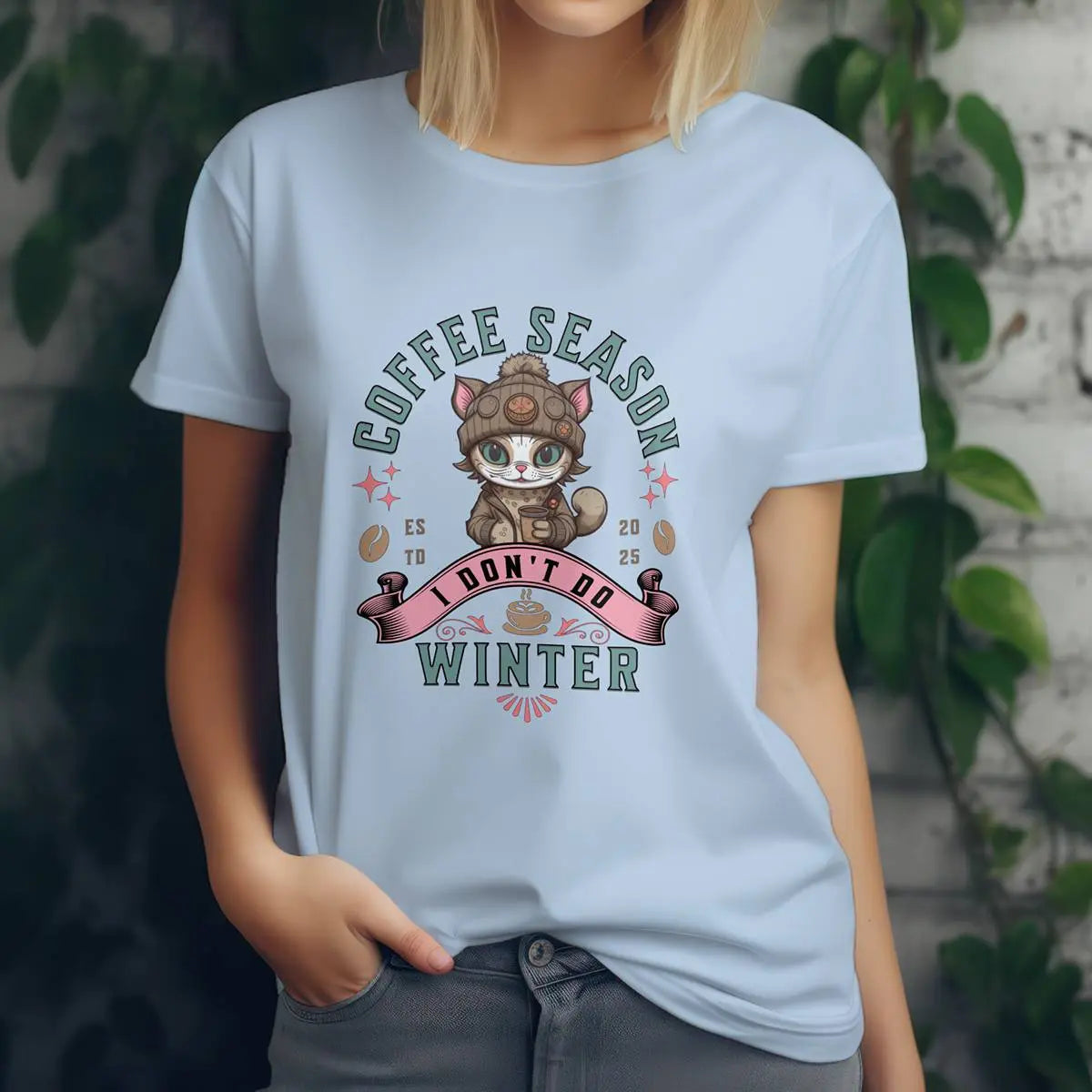 Coffee Season I Don’t Do Winter T-Shirt – Cute Funny Cat Coffee Lover Tee for Women, Cozy Winter Caffeine Gift, Lazy Morning Shirt Printify