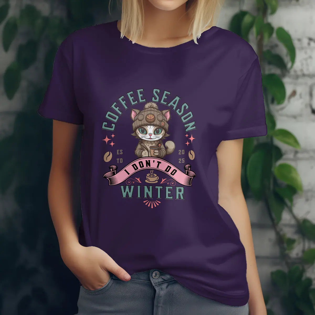 Coffee Season I Don’t Do Winter T-Shirt – Cute Funny Cat Coffee Lover Tee for Women, Cozy Winter Caffeine Gift, Lazy Morning Shirt Printify