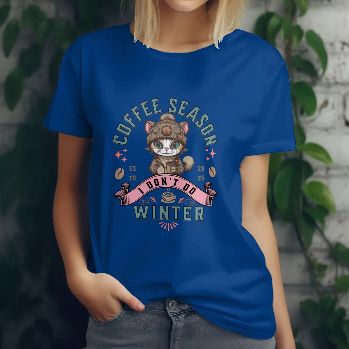 Coffee Season I Don’t Do Winter T-Shirt – Cute Funny Cat Coffee Lover Tee for Women, Cozy Winter Caffeine Gift, Lazy Morning Shirt Printify