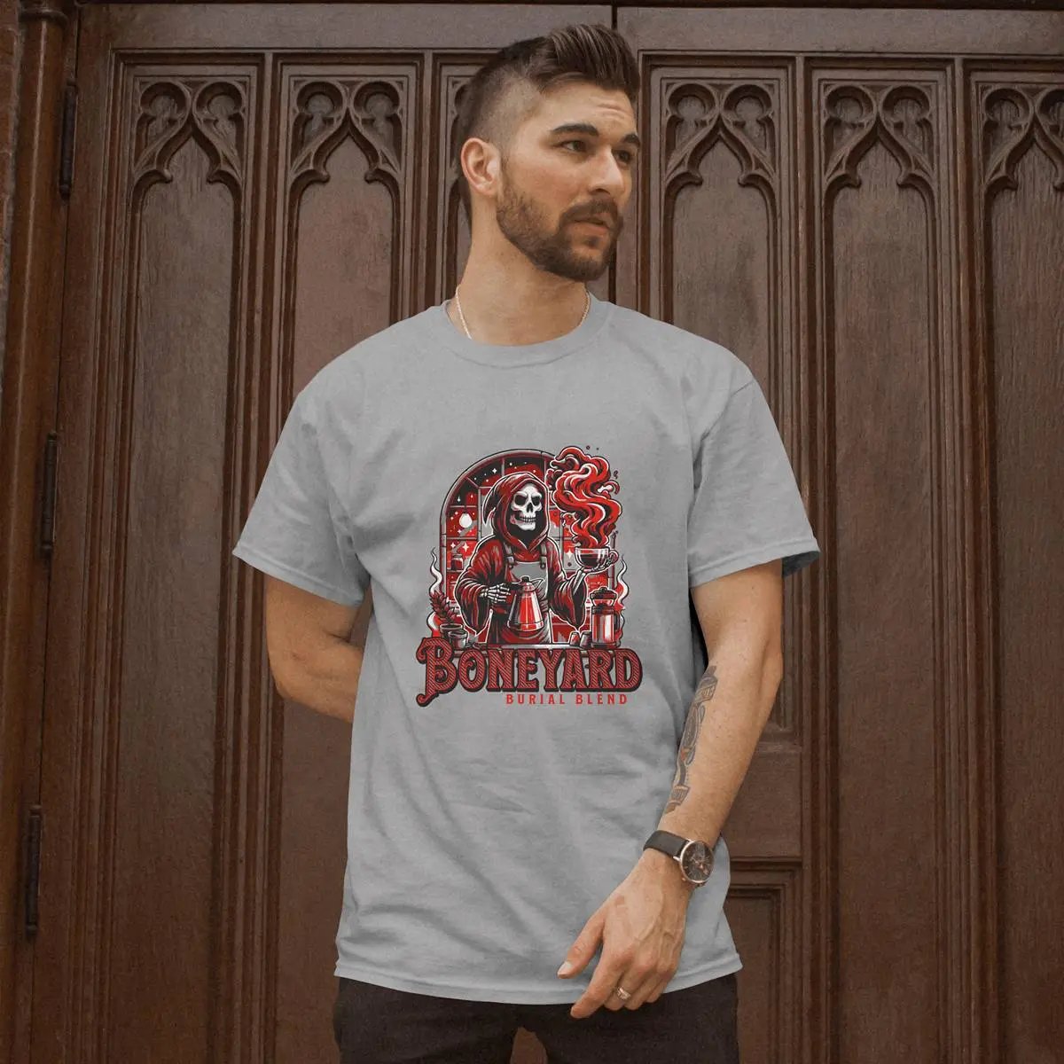 Boneyard Burial Blend T-Shirt – Gothic Coffee Lover Tee for Men, Grim Reaper Espresso Design, Dark Humor Caffeine Gift Shirt Printify