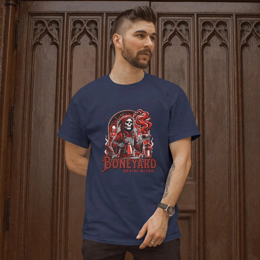 Boneyard Burial Blend T-Shirt – Gothic Coffee Lover Tee for Men, Grim Reaper Espresso Design, Dark Humor Caffeine Gift Shirt Printify