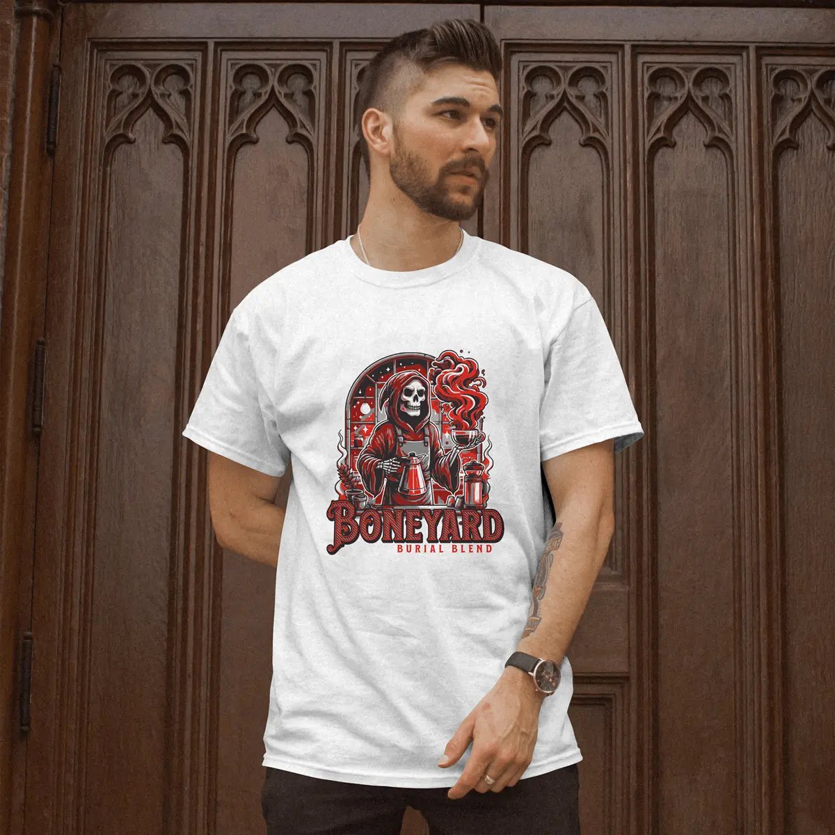 Boneyard Burial Blend T-Shirt – Gothic Coffee Lover Tee for Men, Grim Reaper Espresso Design, Dark Humor Caffeine Gift Shirt Printify