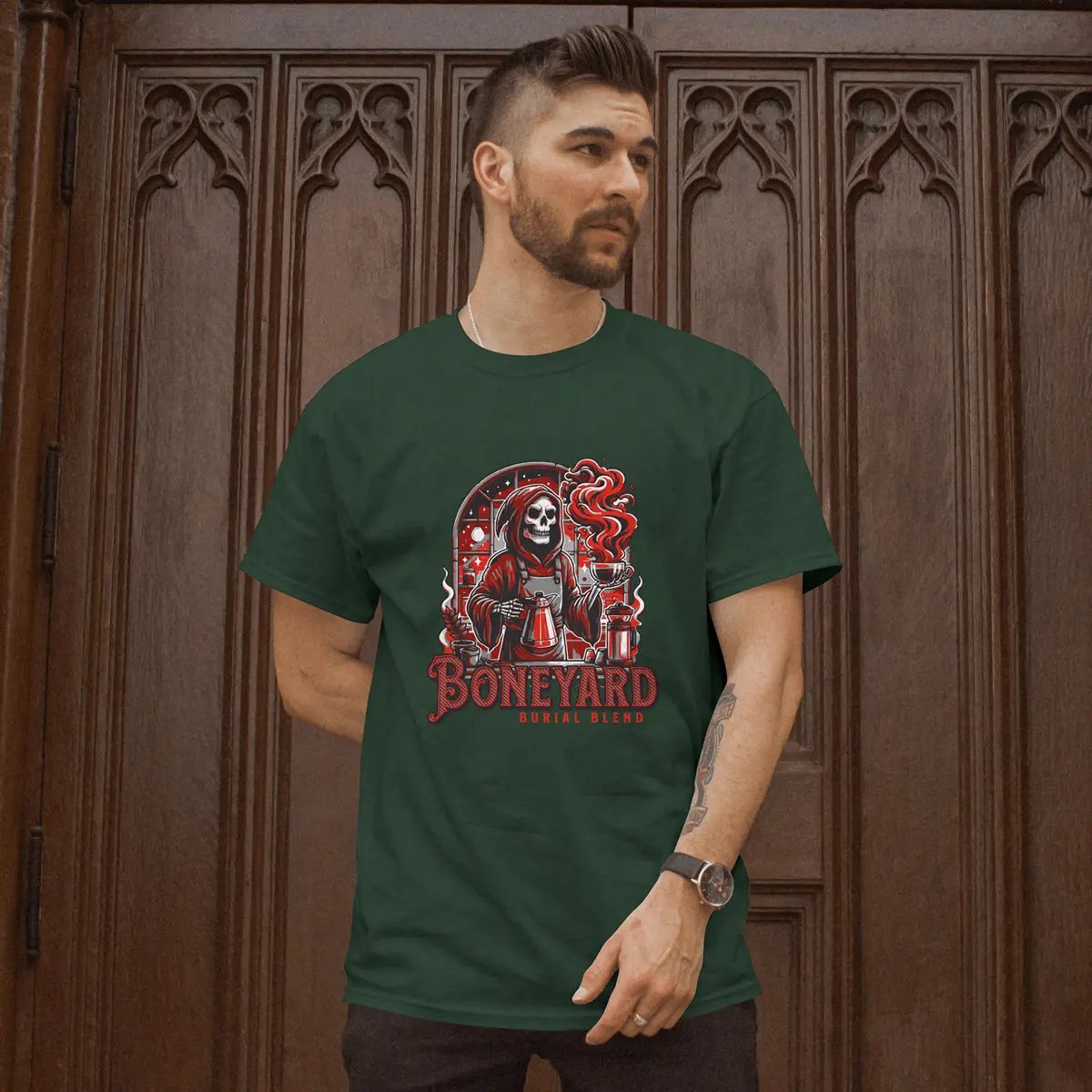 Boneyard Burial Blend T-Shirt – Gothic Coffee Lover Tee for Men, Grim Reaper Espresso Design, Dark Humor Caffeine Gift Shirt Printify