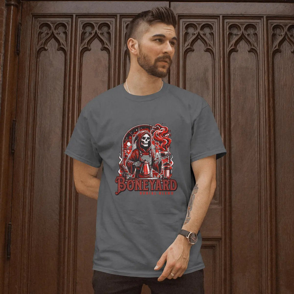 Boneyard Burial Blend T-Shirt – Gothic Coffee Lover Tee for Men, Grim Reaper Espresso Design, Dark Humor Caffeine Gift Shirt Printify