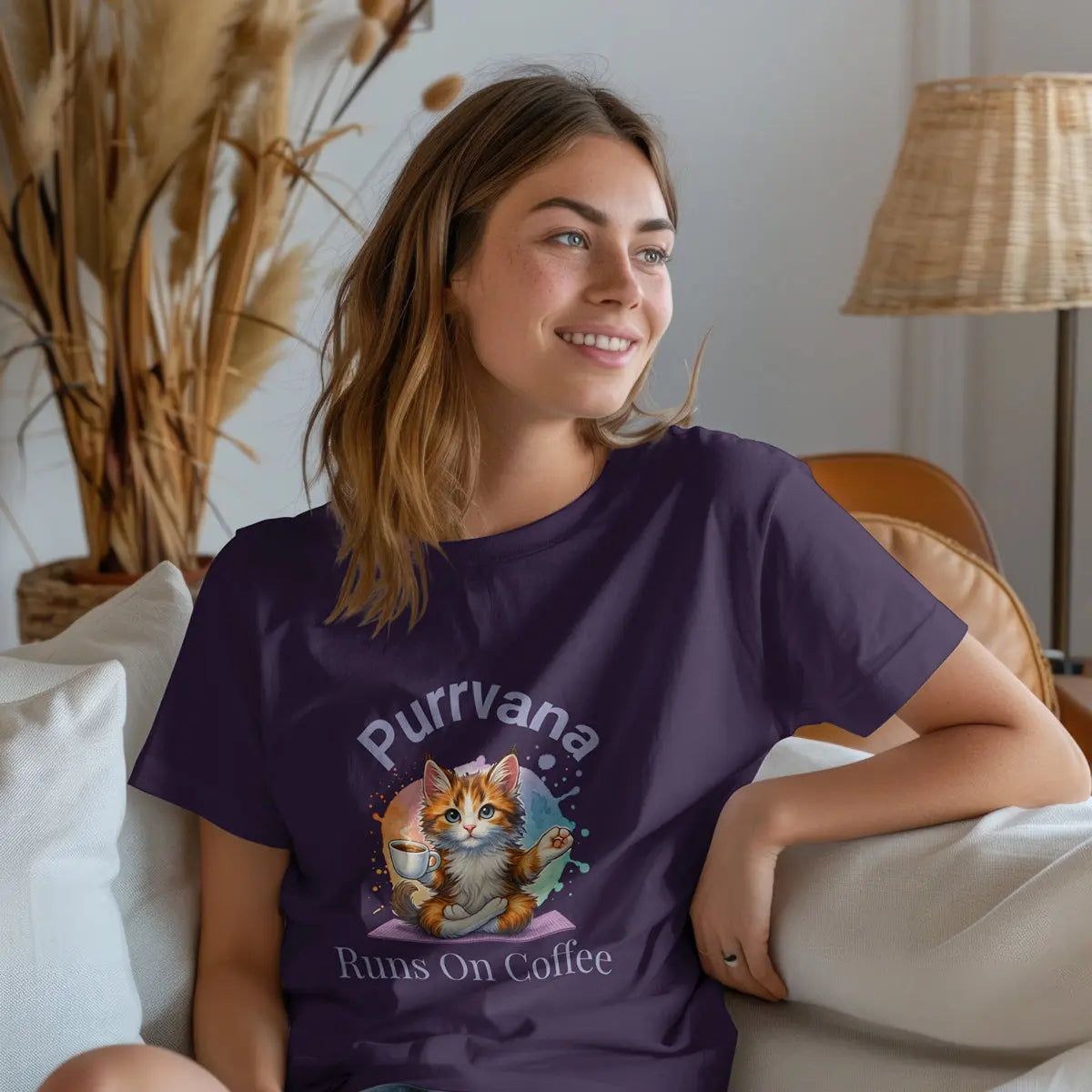 Purrvana Cat Yoga Coffee Shirt – Funny Cat Lover Gift for Coffee Addicts Printify