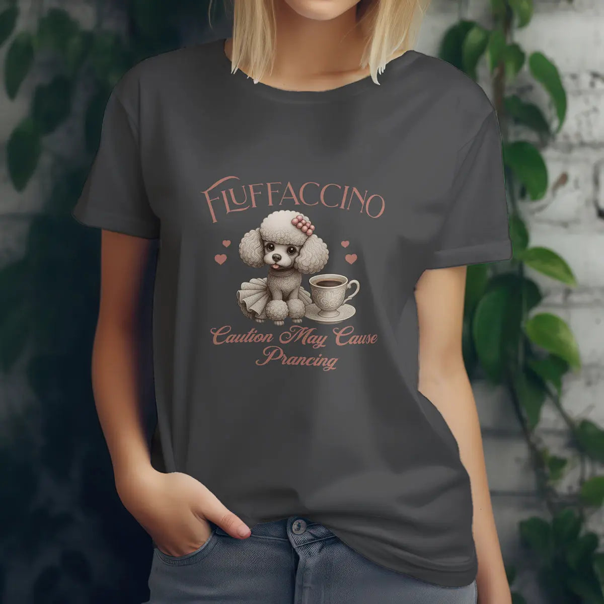 Fluffaccino T-Shirt – Caution May Cause Prancing - Cute Poodle Coffee Lover Tee for Women, Funny Dog Caffeine Shirt, Gift for Pet Moms Printify