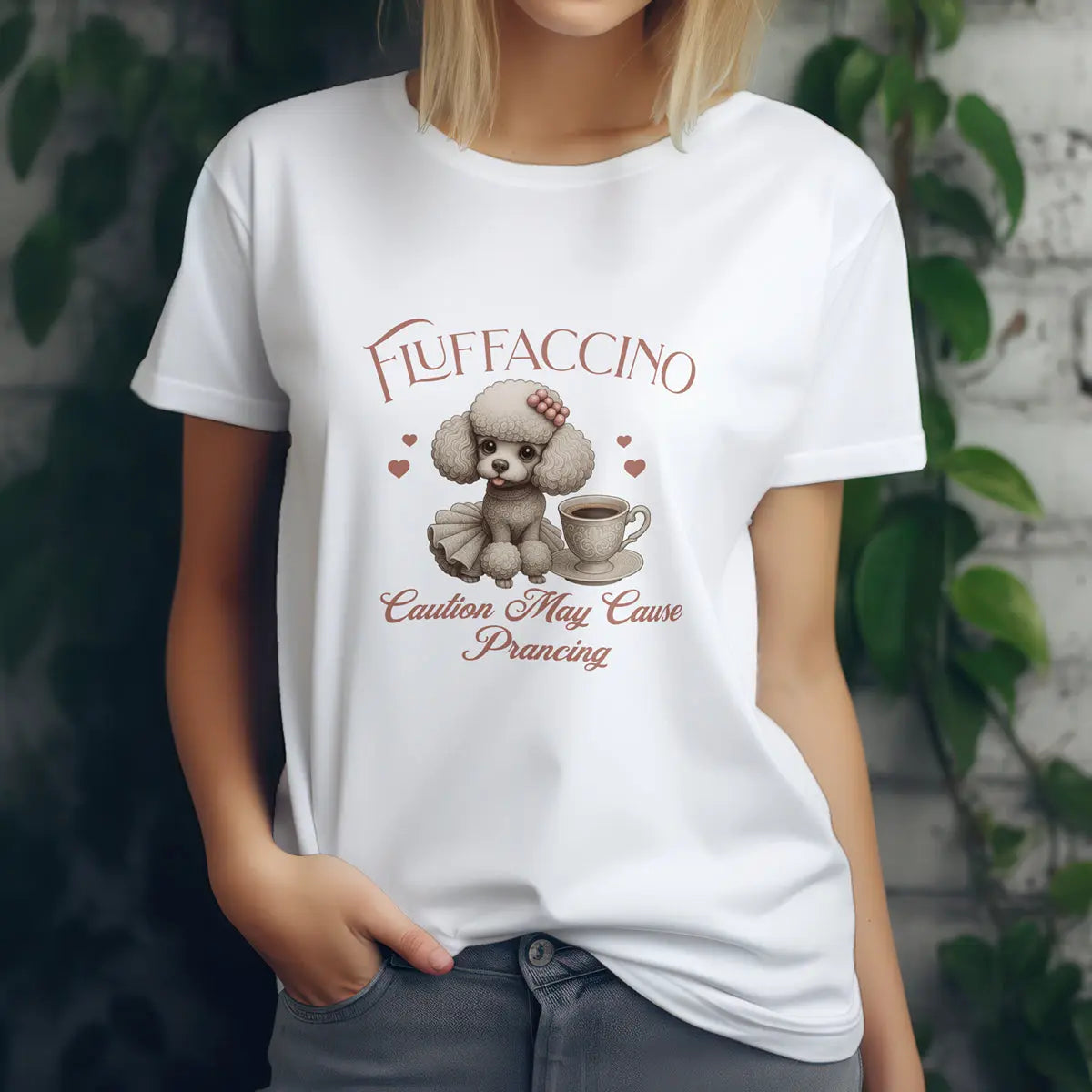Fluffaccino T-Shirt – Caution May Cause Prancing - Cute Poodle Coffee Lover Tee for Women, Funny Dog Caffeine Shirt, Gift for Pet Moms Printify