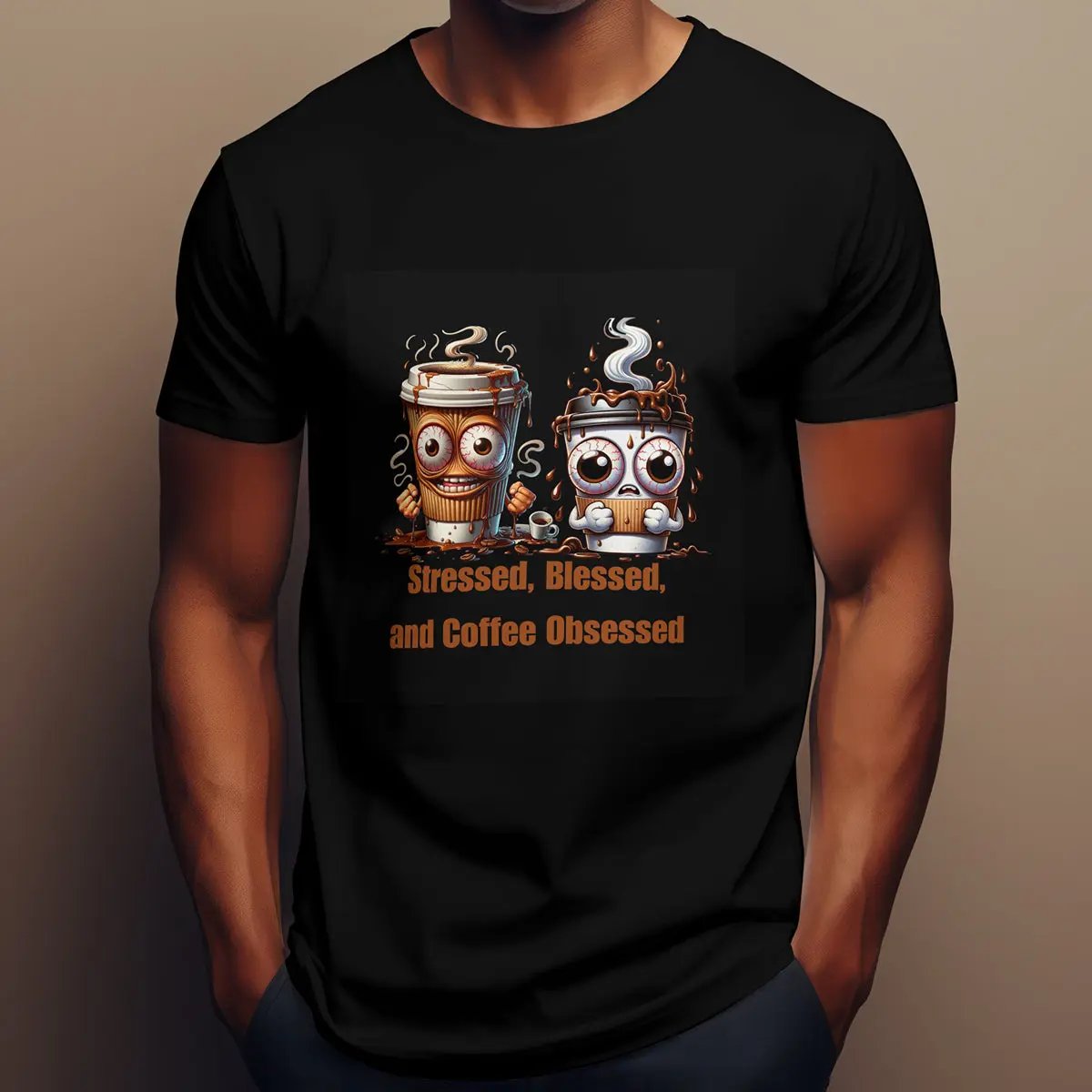 Stressed Blessed and Coffee Obsessed Shirt – Funny Coffee Lover T-Shirt, Caffeine Addict Tee, Cute Coffee Gift for Him Printify