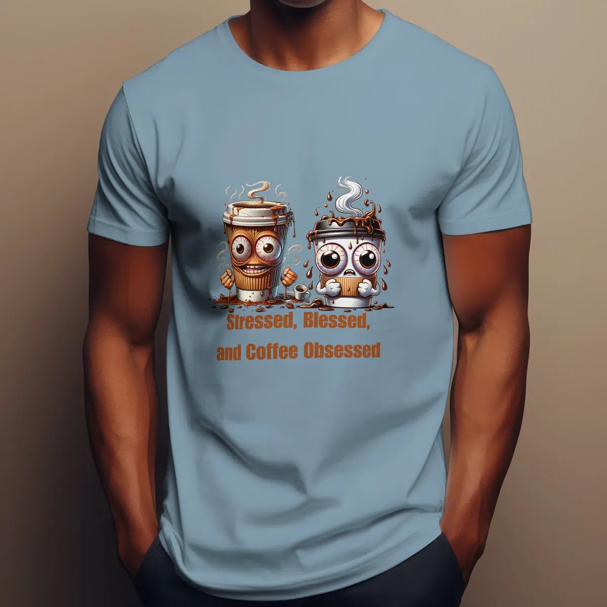 Stressed Blessed and Coffee Obsessed Shirt – Funny Coffee Lover T-Shirt, Caffeine Addict Tee, Cute Coffee Gift for Him Printify