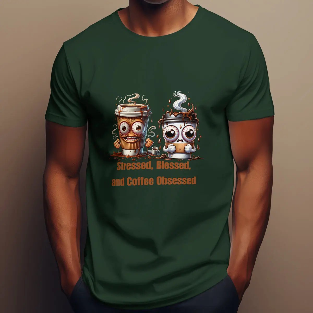 Stressed Blessed and Coffee Obsessed Shirt – Funny Coffee Lover T-Shirt, Caffeine Addict Tee, Cute Coffee Gift for Him Printify