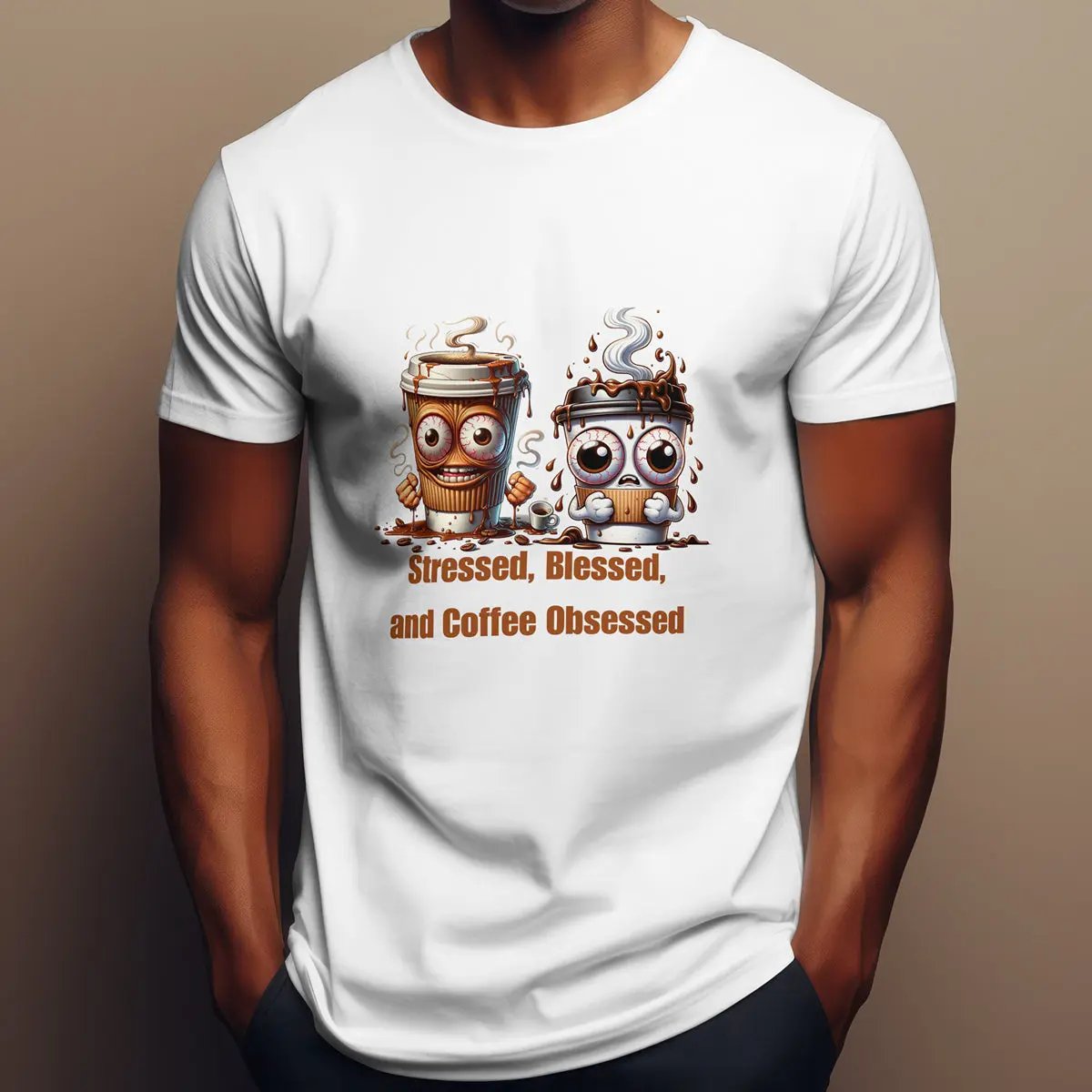 Stressed Blessed and Coffee Obsessed Shirt – Funny Coffee Lover T-Shirt, Caffeine Addict Tee, Cute Coffee Gift for Him Printify